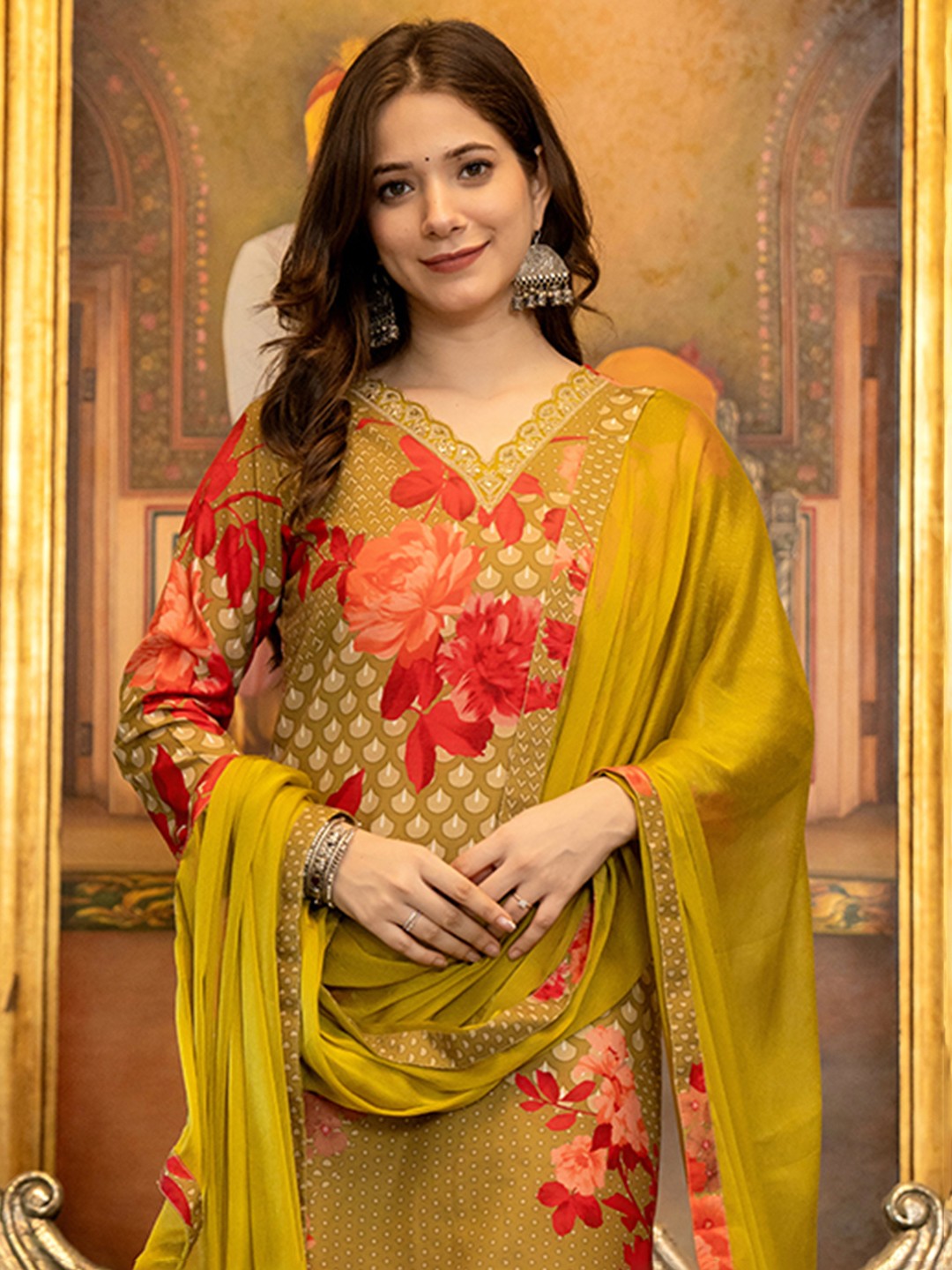 

KALINI Women Floral Printed Regular Sequinned Kurta with Trousers & With Dupatta, Mustard
