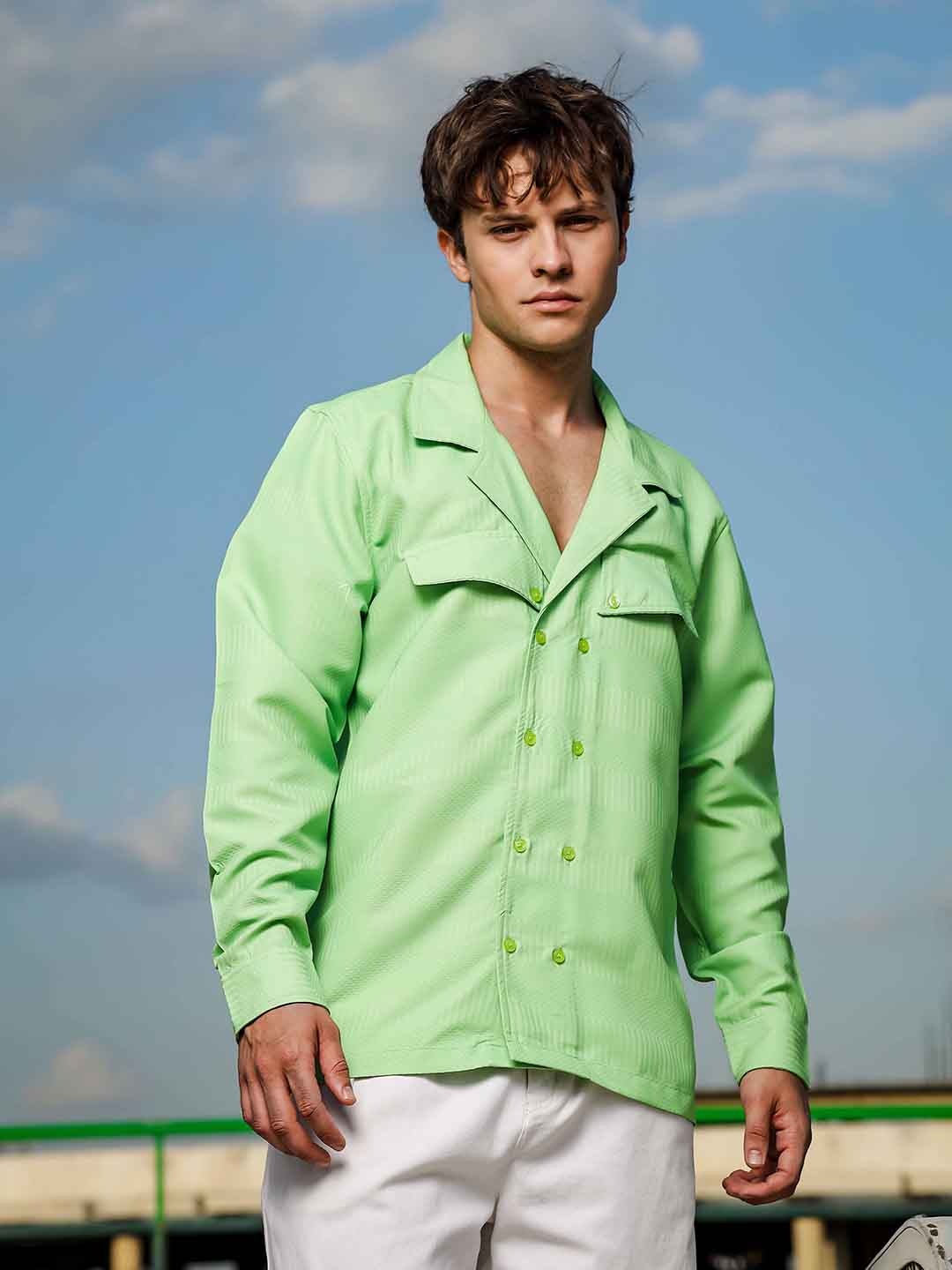 

House of Koala Unisex Textured Long Sleeve Shacket Shirt, Lime green