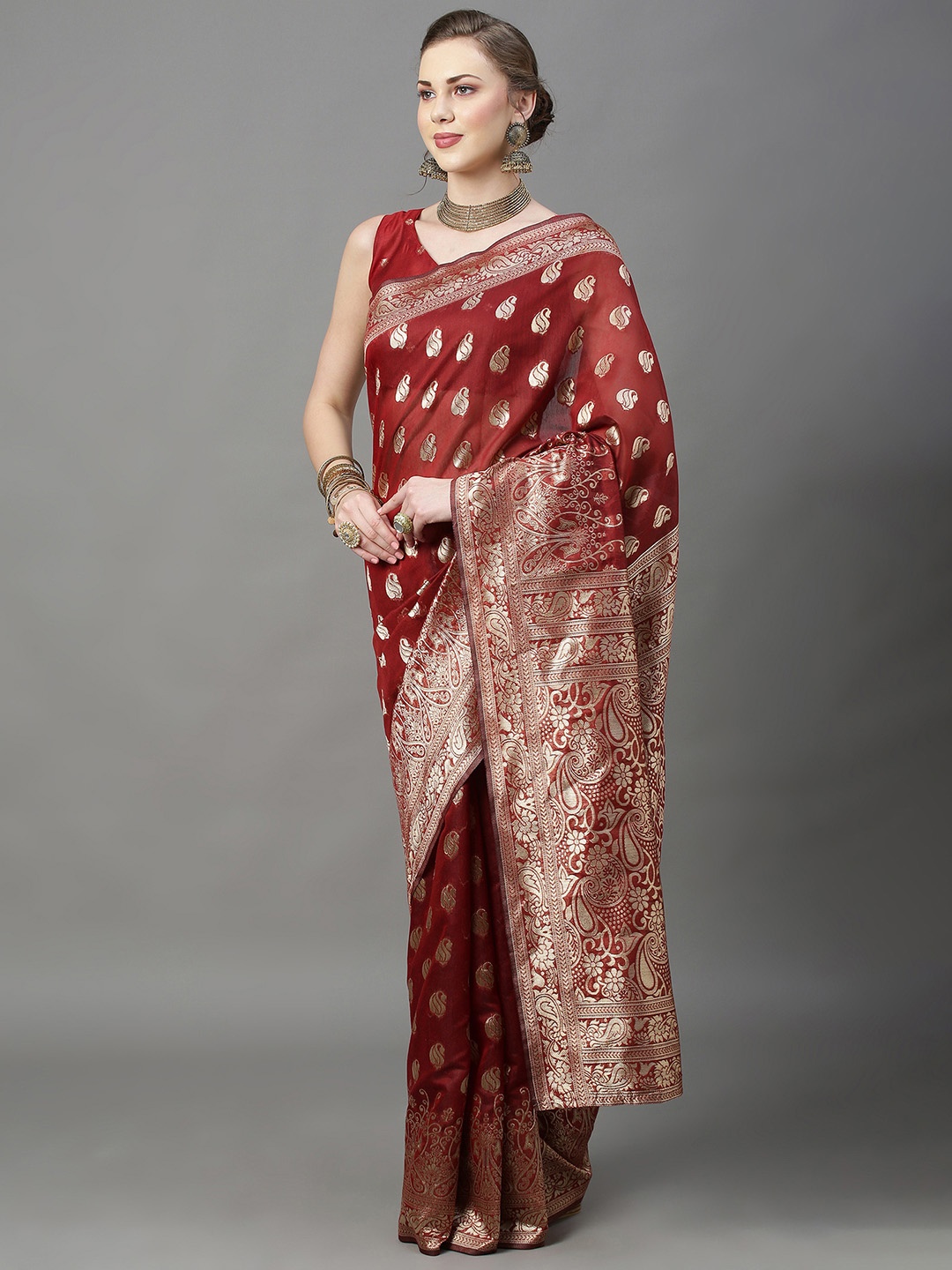 

KALINI Floral Zari Banarasi Saree, Maroon