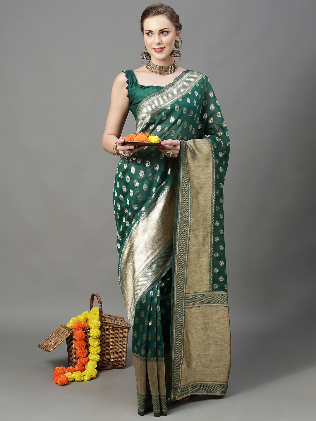 

KALINI Floral Woven Design Zari Banarasi Saree, Green