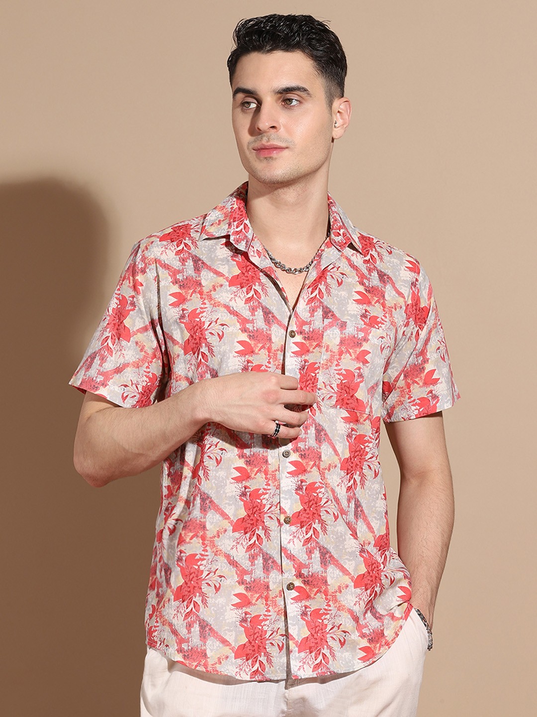 

Anouk Men Smart Spread Collar Floral Printed Cotton Casual Shirt, Red