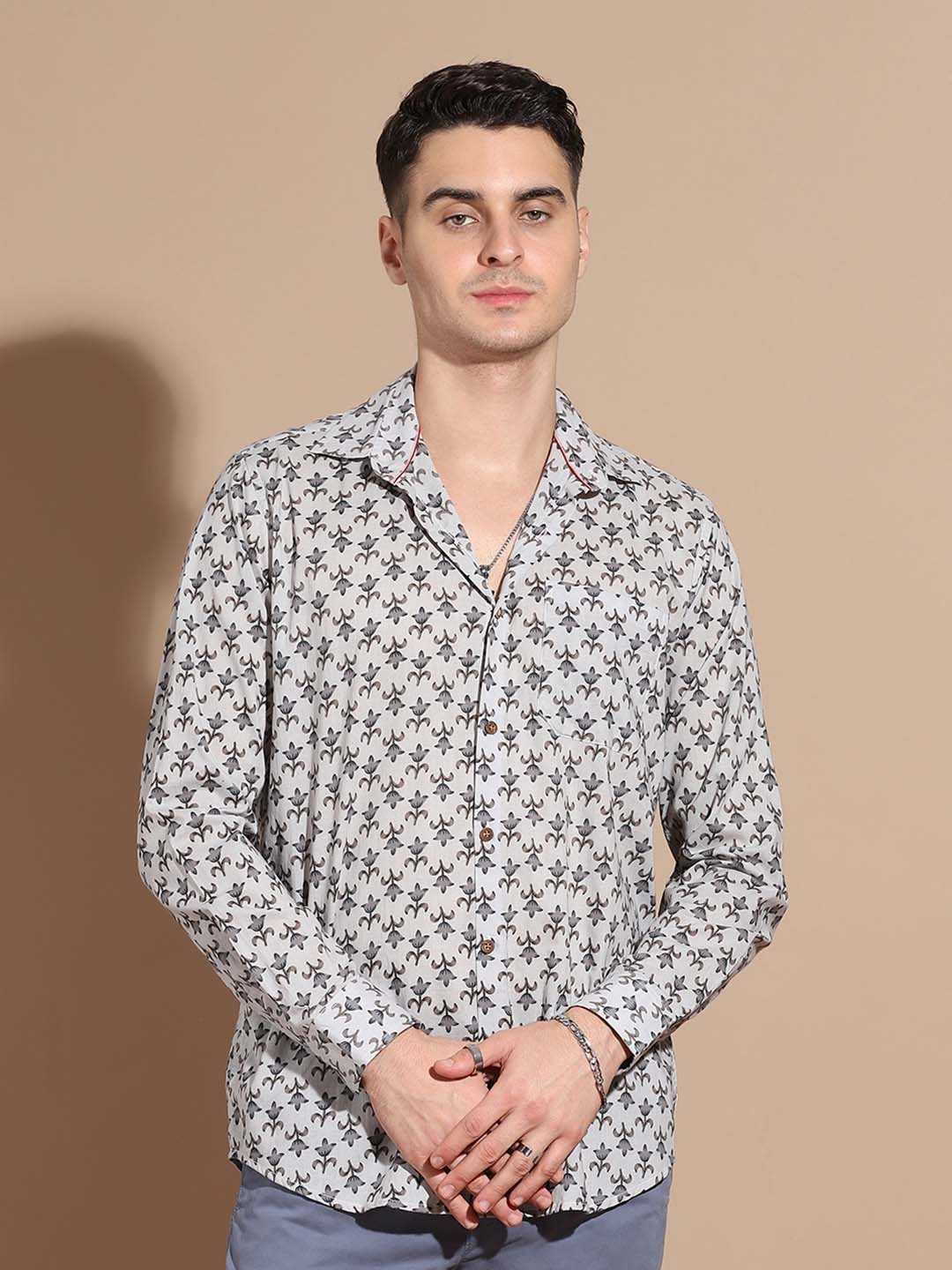 

Anouk Men Smart Spread Collar Floral Printed Cotton Casual Shirt, Grey