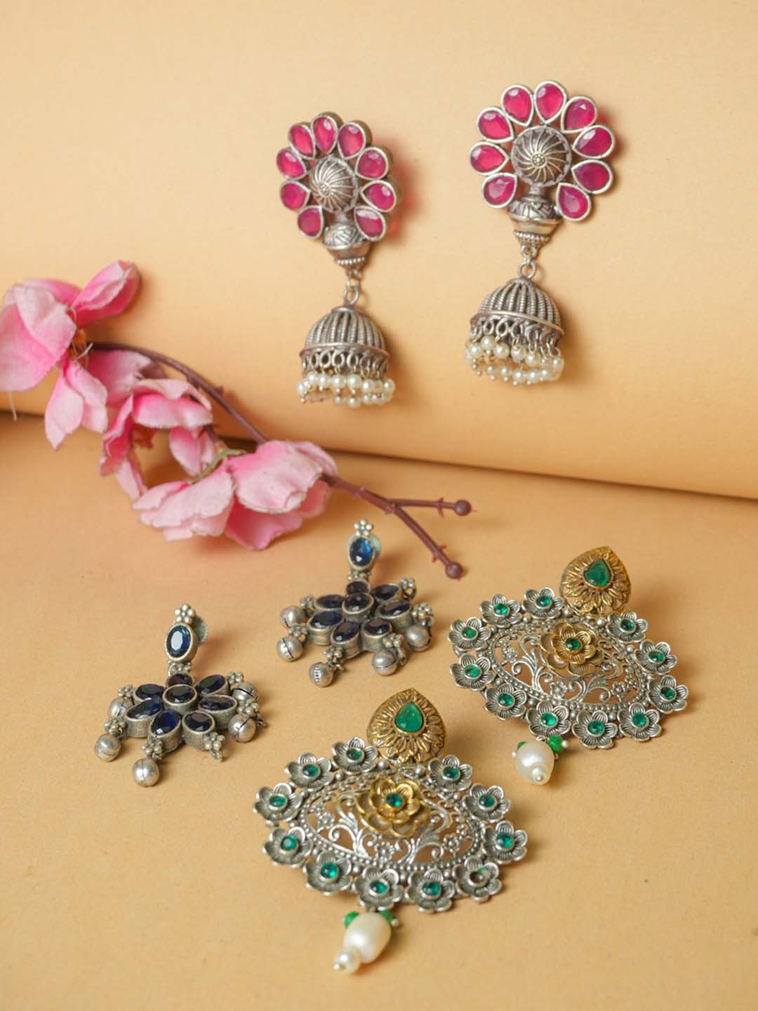 

VIRAASI Set of 3 Oxidised Stone Studded & Beaded Drop Earrings, Silver