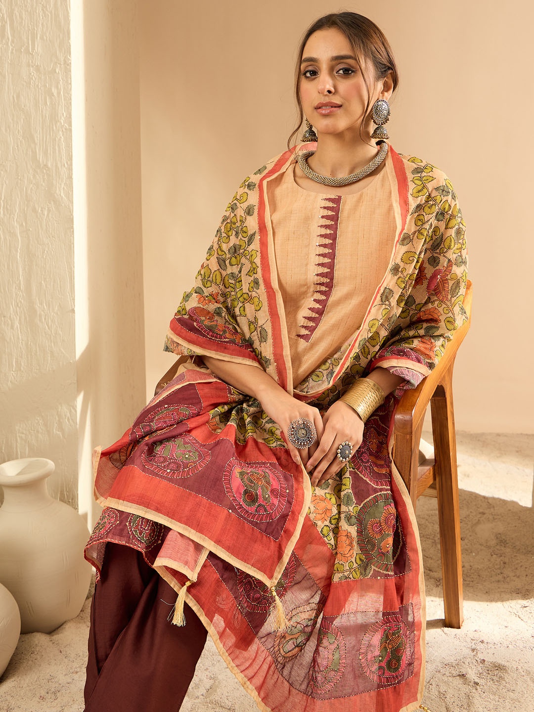 

Indo Era Women Ethnic Motifs Embroidered Thread Work Chanderi Silk Kurta ,Trousers Dupatta, Beige