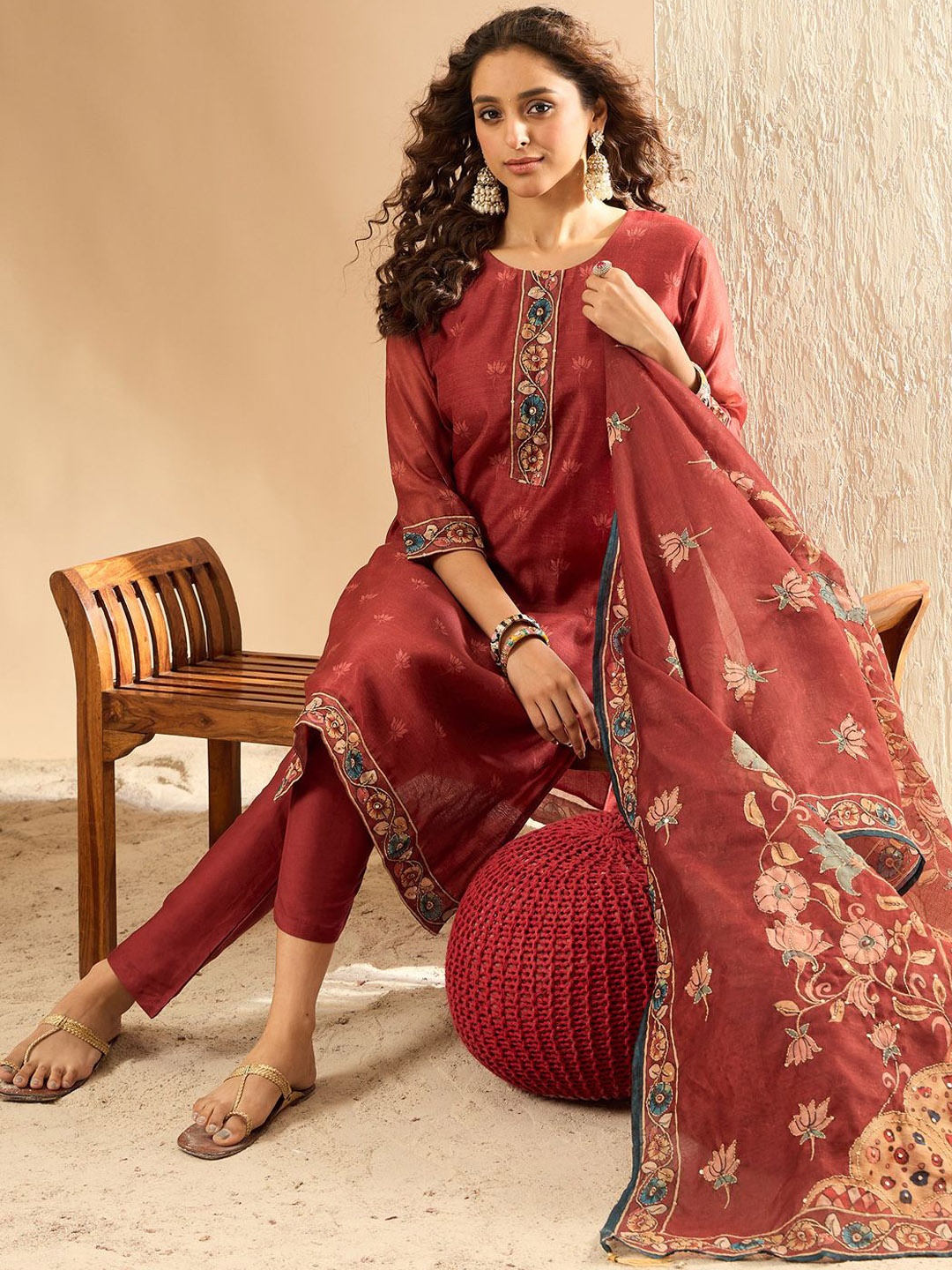 

Indo Era Women Embroidered Regular Thread Work Chanderi Silk Kurta Trousers Dupatta, Maroon