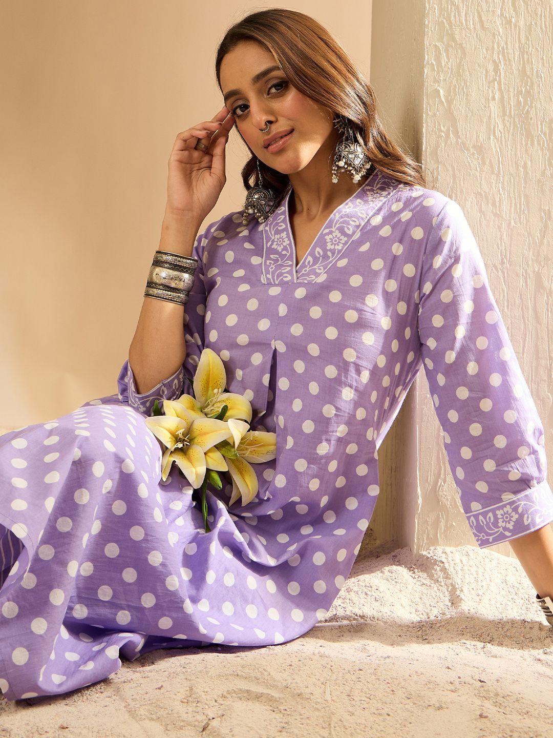 

Indo Era Women Printed Regular Pure Cotton Kurta with Trousers, Lavender