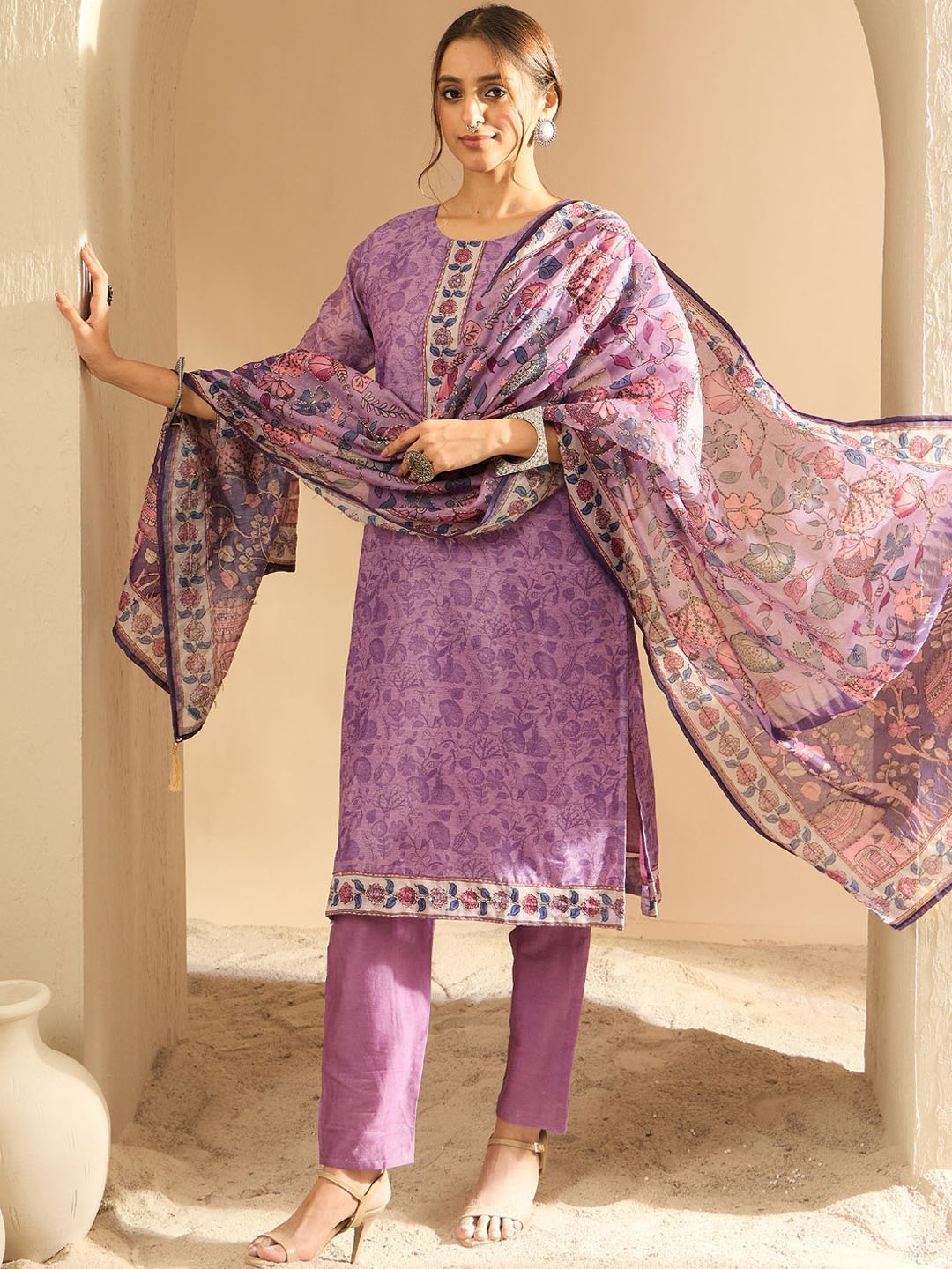 

Indo Era Women Floral Printed Kurta with Trousers & With Dupatta, Purple