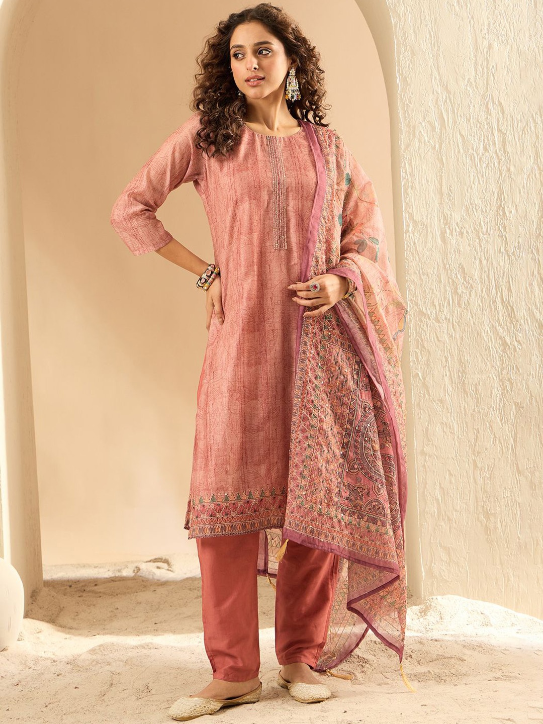 

Indo Era Women Embroidered Kurta with Trousers & Dupatta, Rust