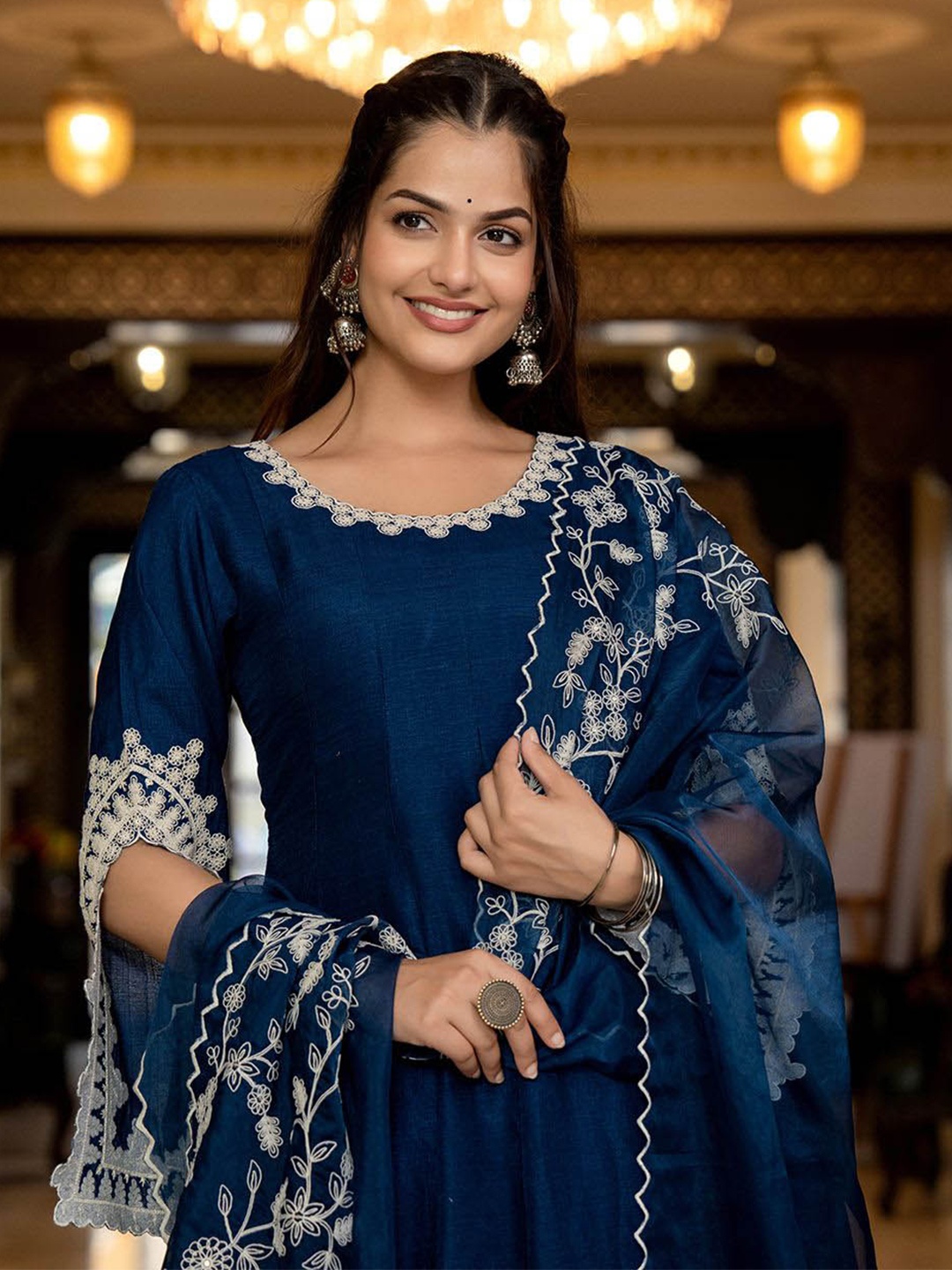 

KALINI Women Empire Thread Work Kurta with Palazzos & With Dupatta, Blue