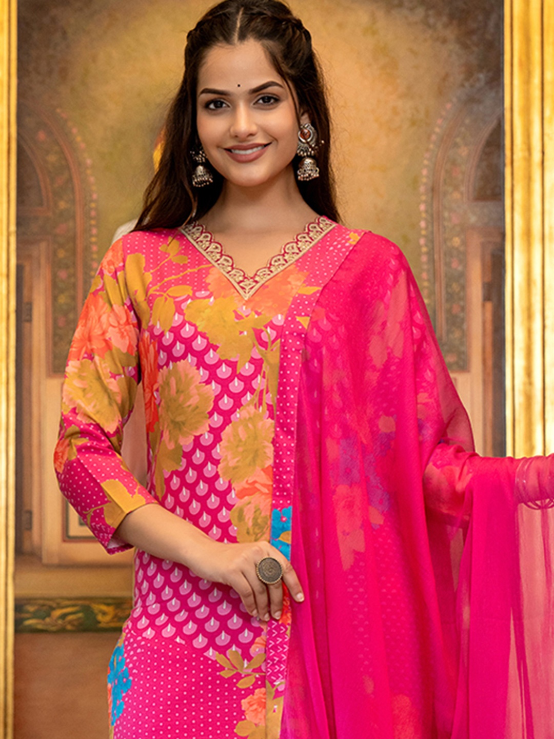 

AHIKA Women Floral Printed Regular Sequinned Kurta & Trousers With Dupatta, Pink