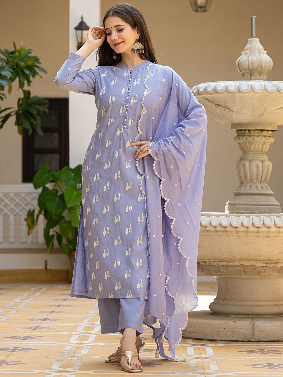 

AHIKA Women Ethnic Motifs Embroidered Thread Work Kurta with Trousers & With Dupatta, Blue