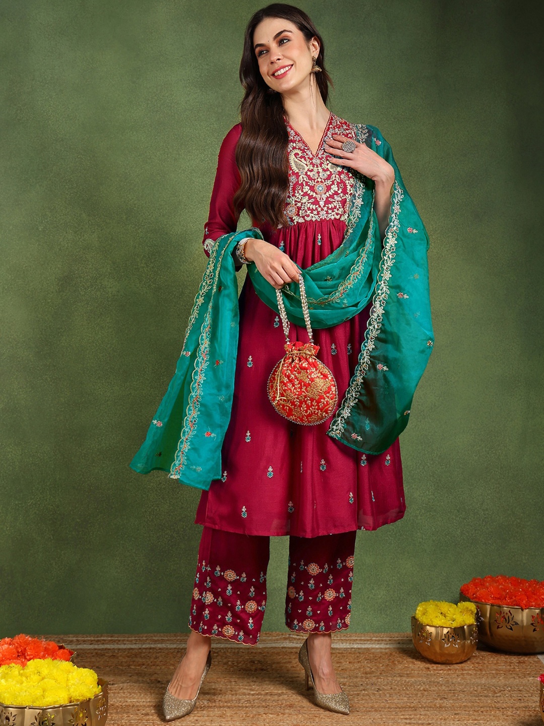 

KALINI Women Floral Yoke Design Empire Kurta with Trousers & Dupatta, Red