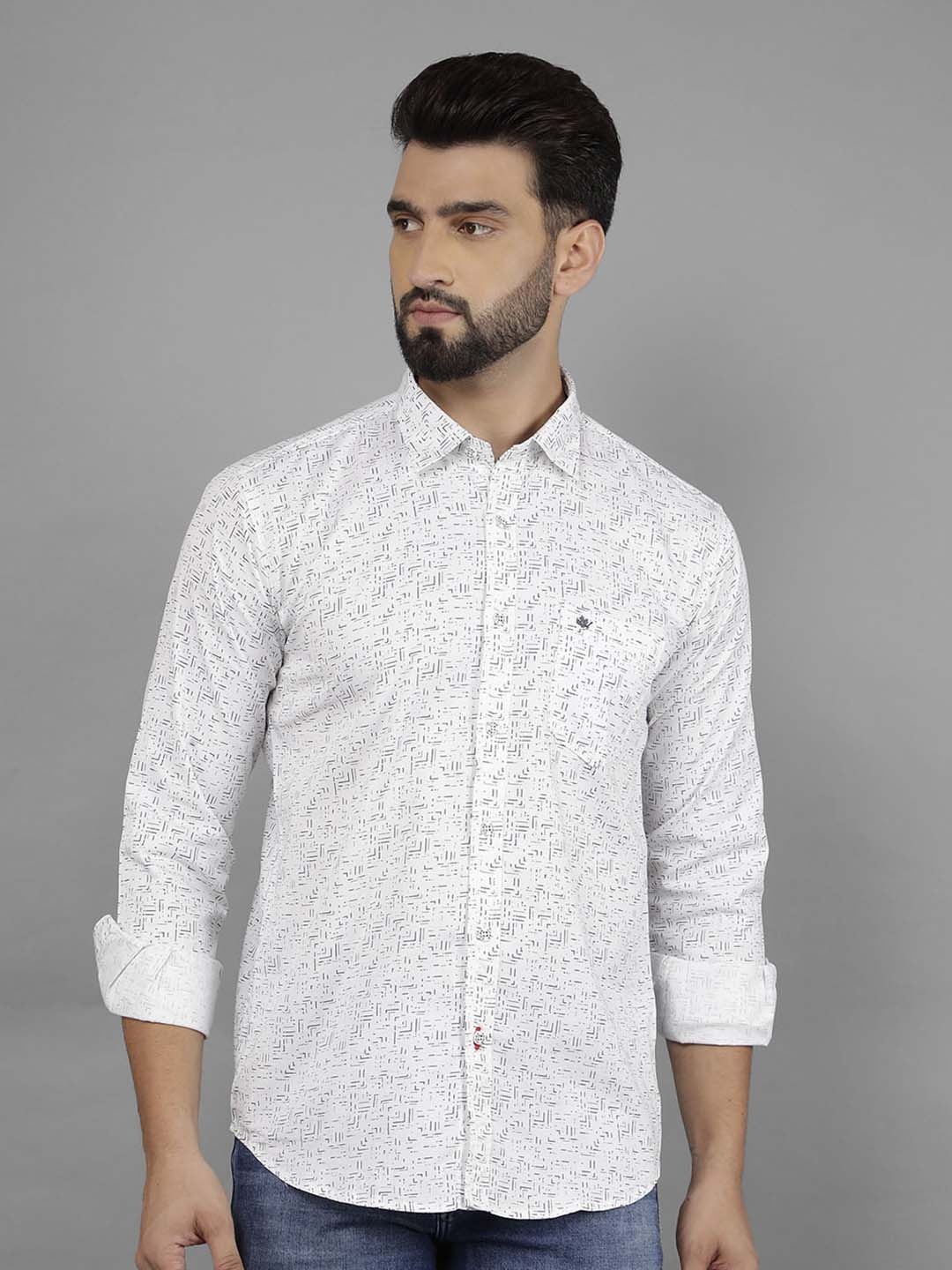 

COBB Men India Slim Spread Collar Abstract Printed Cotton Slim Fit Casual Shirt, White