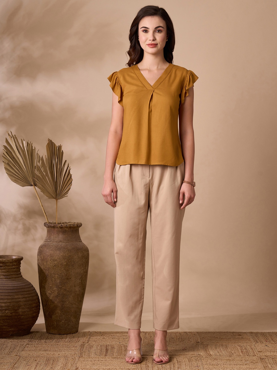 

MISH Women Solid V-Neck Top, Mustard