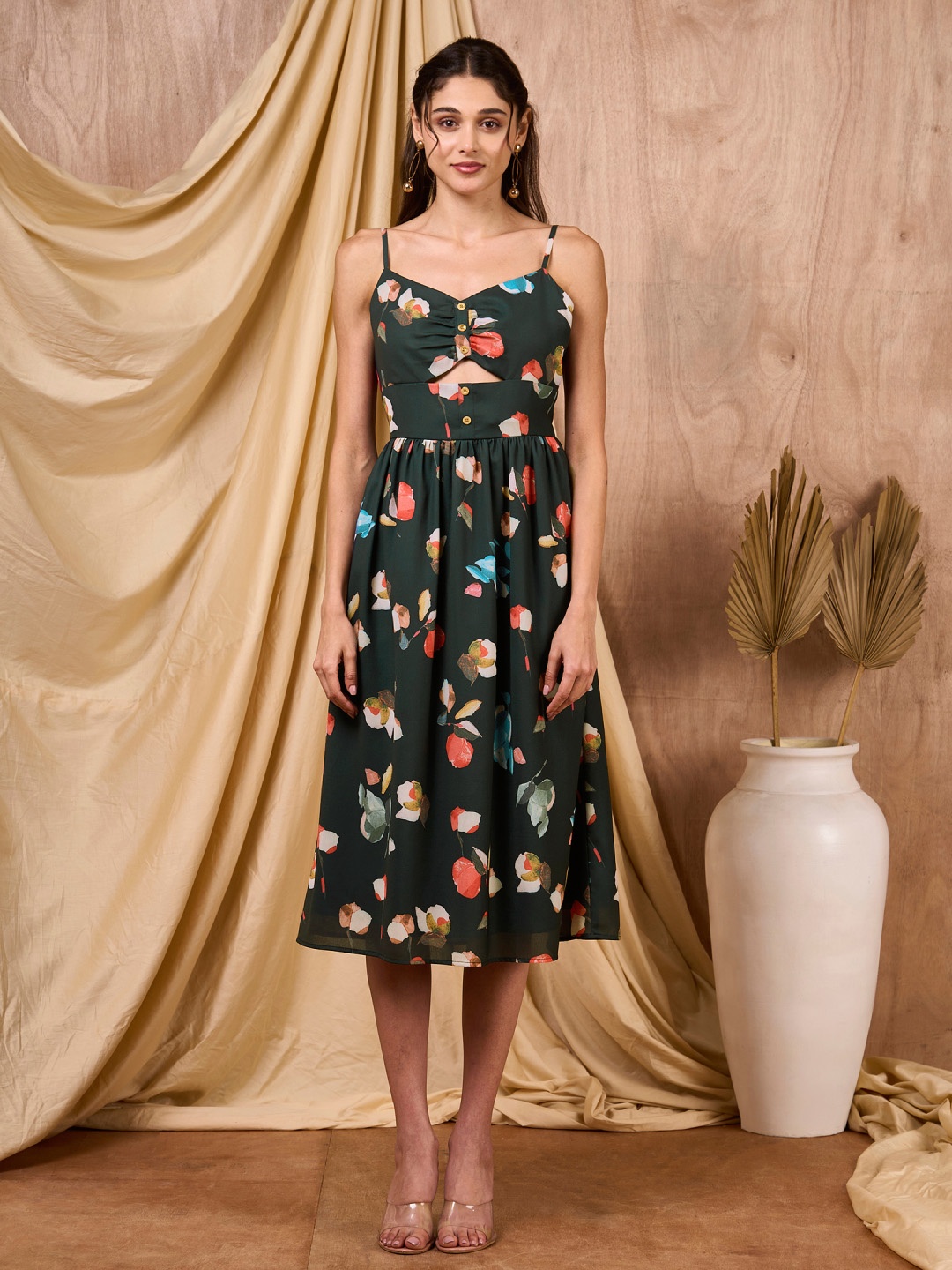 

MISH Floral Print Georgette Fit & Flare Midi Dress, Black