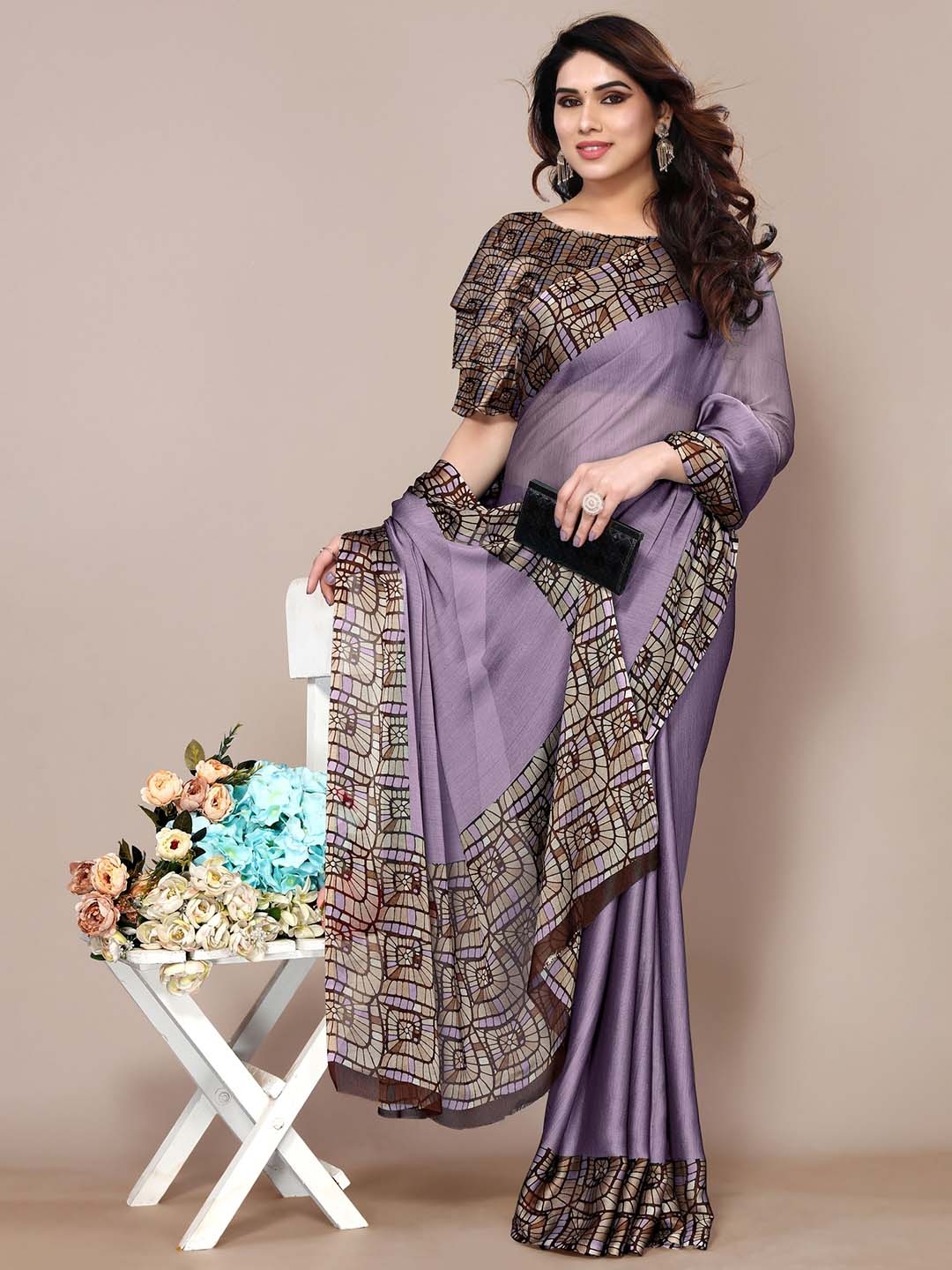 

KALINI Solid Saree with Blouse Piece, Purple