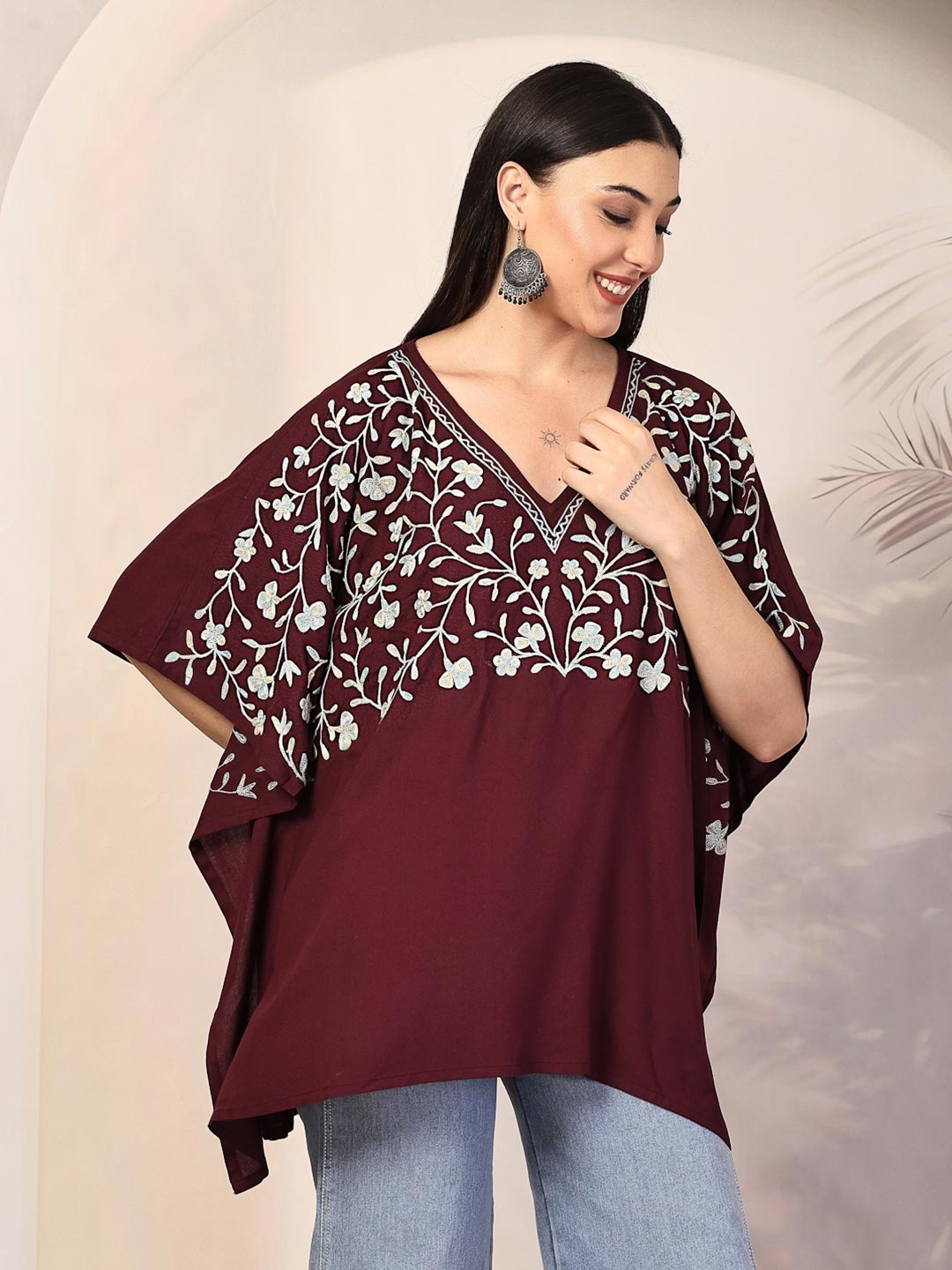 

QAZMI Sheen V-Neck Flared Sleeves Kashmiri Aari Work Kaftan Kurti, Burgundy