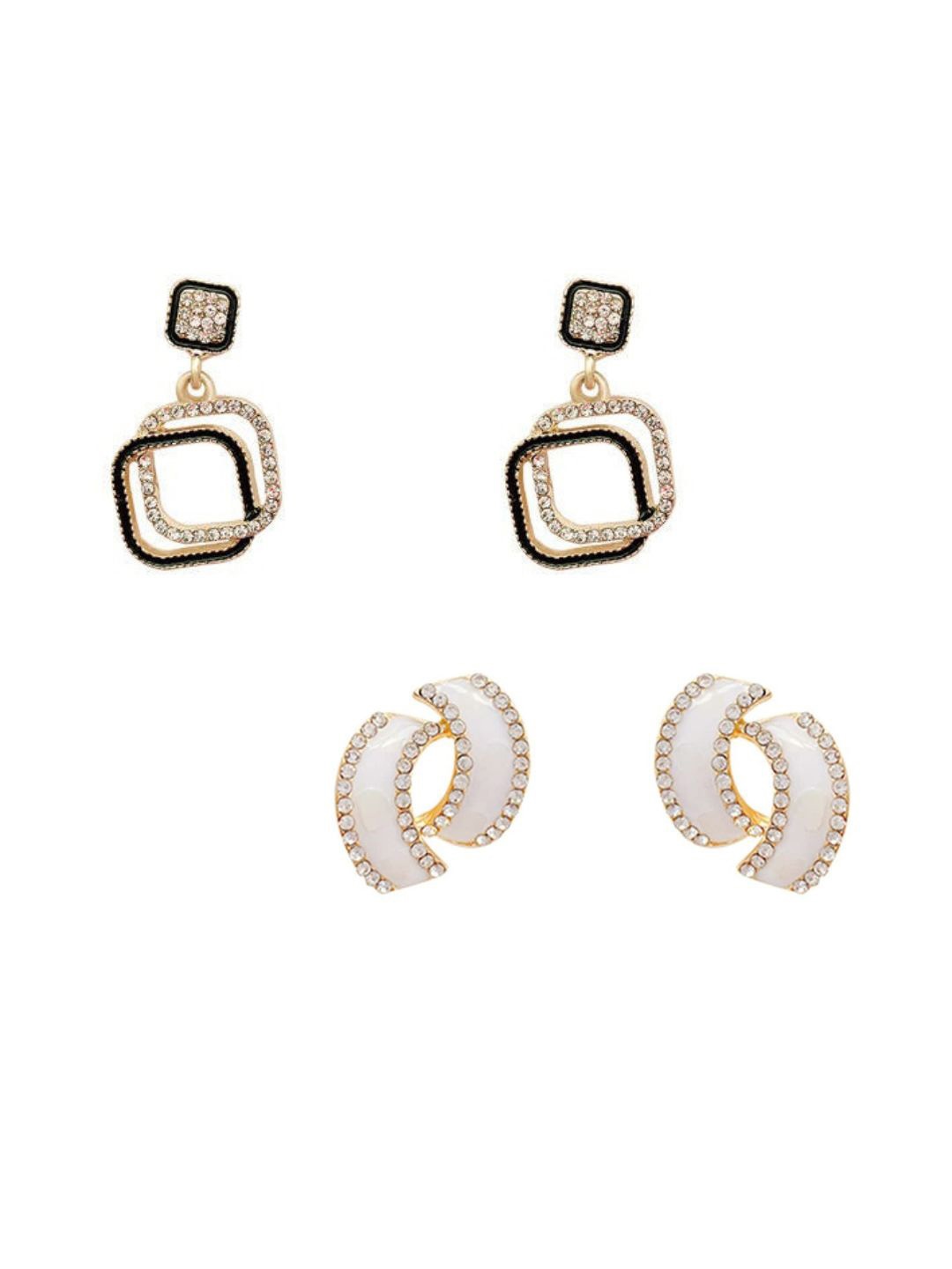 

Pinapes Set Of 2 Gold-Plated Geometric Stone Studded Oxidised Drop Earrings