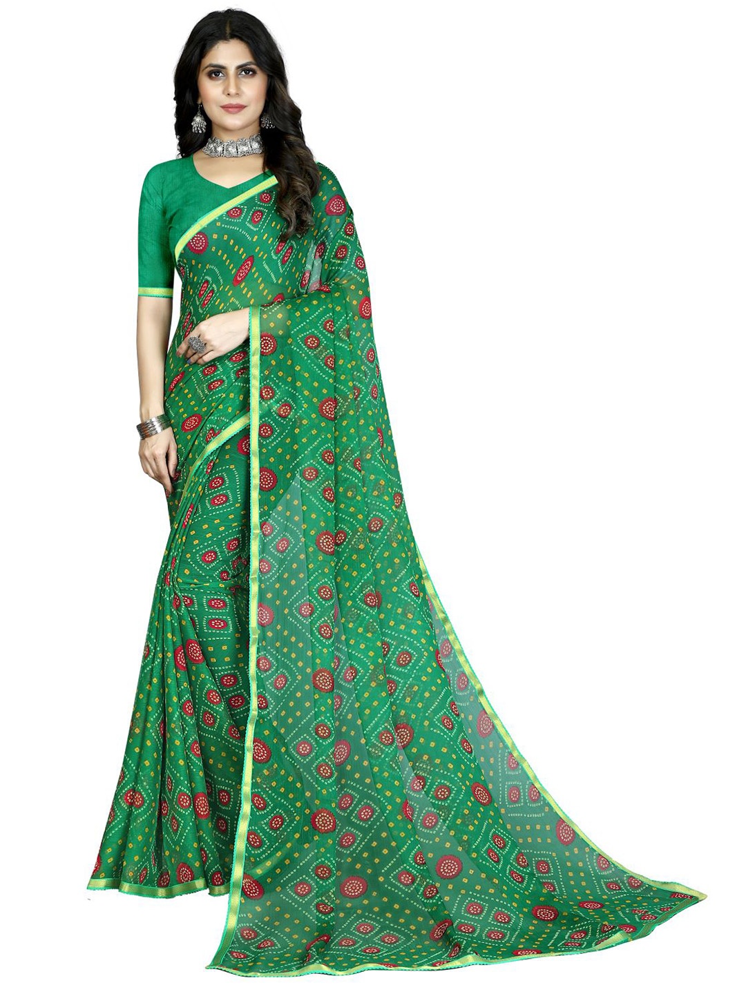 

Anouk Bandhani Printed Zari Border Saree, Green