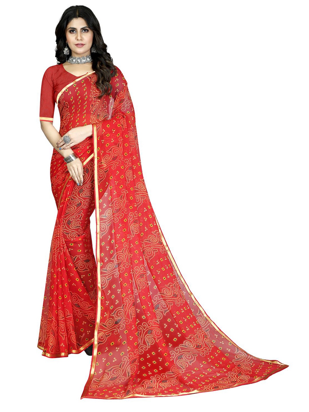

Anouk Bandhani Printed Zari Saree, Red