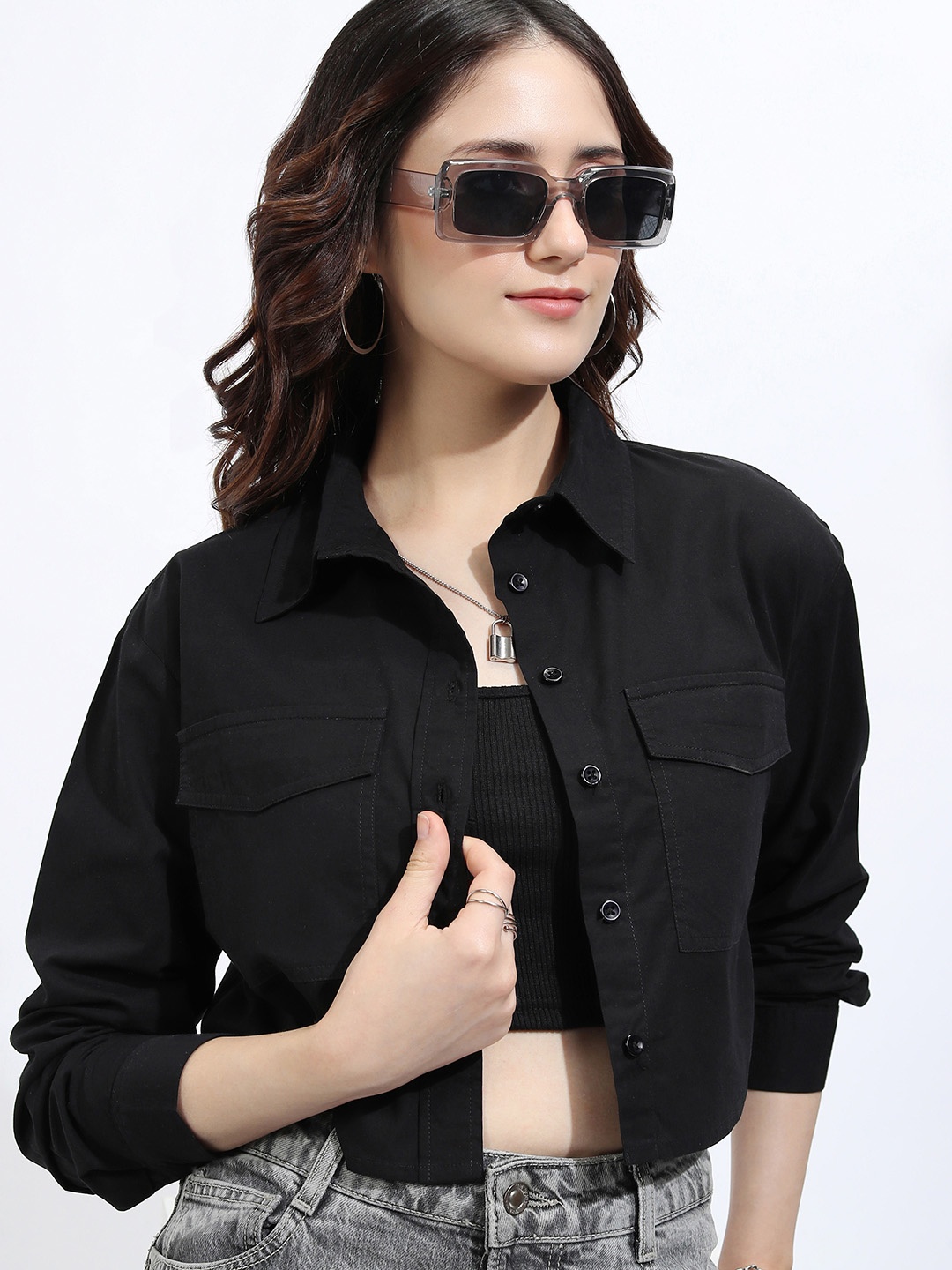 

Tokyo Talkies Women Button Down Poplin Crop Shirt, Black