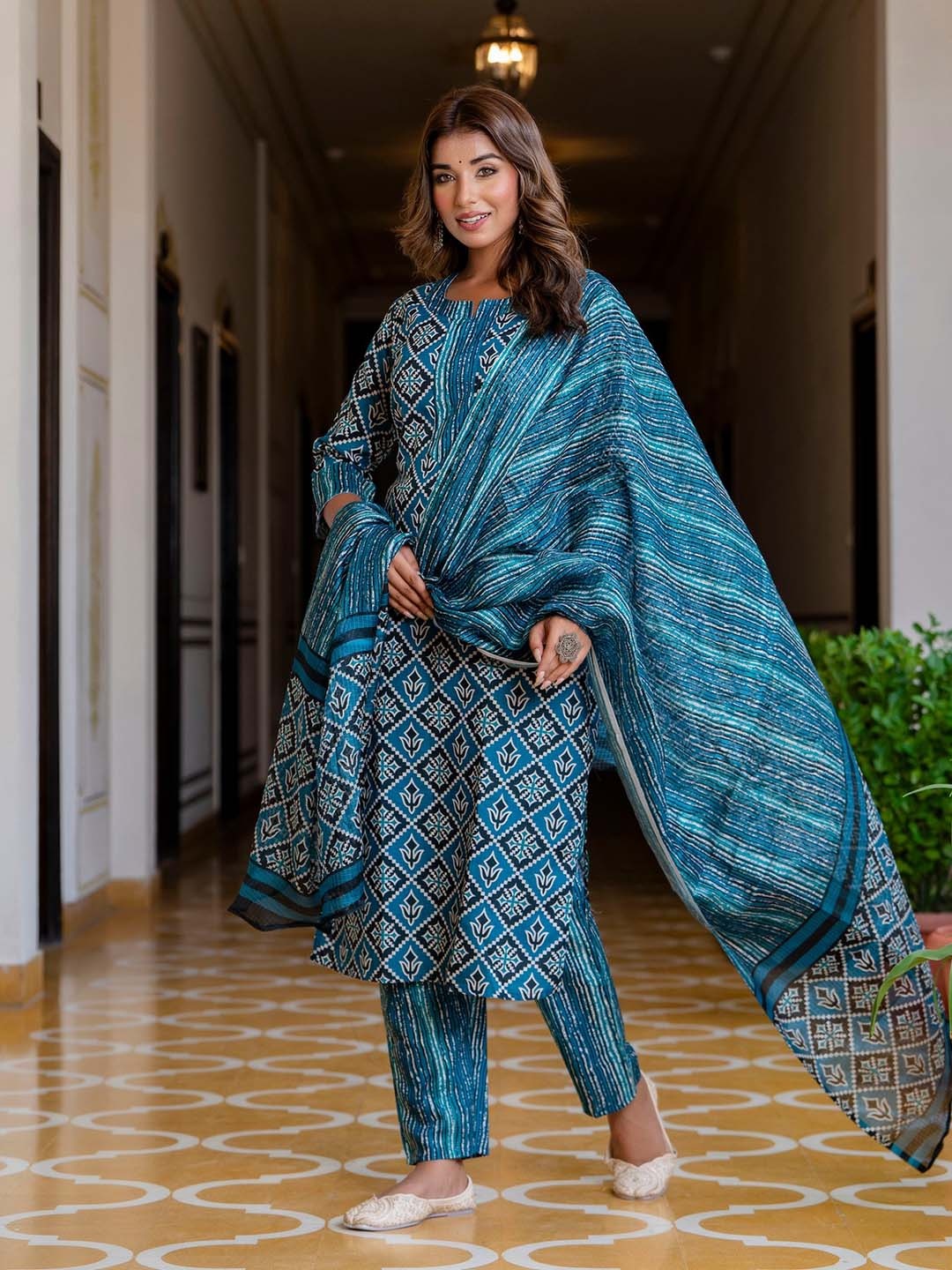 

KALINI Floral Printed Straight Kurta With Trousers & Dupatta, Teal