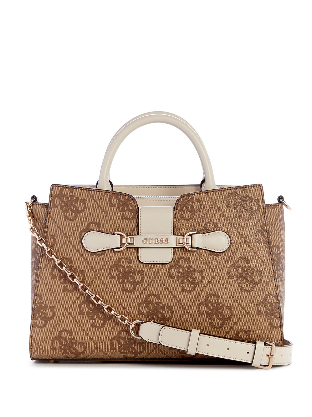 

GUESS Women Brand Logo Printed Structured Satchel Bag, Brown