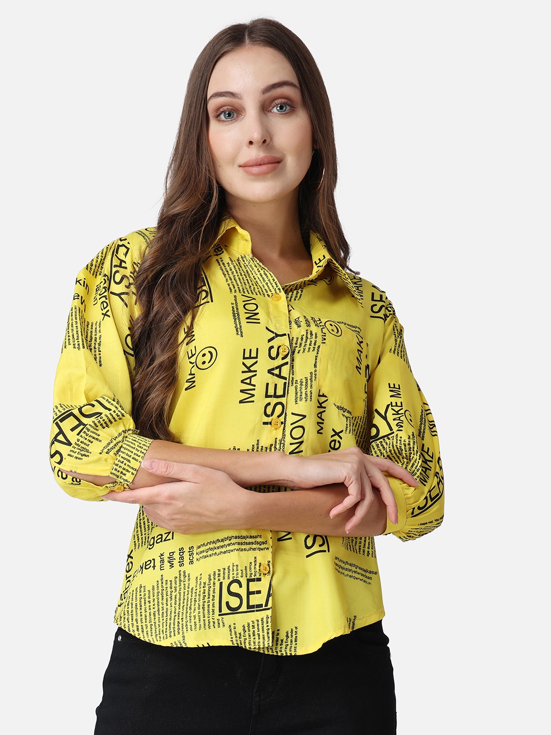 

MINOS Women Classic Spread Collar Typography Printed Crepe Slim Fit Casual Shirt, Yellow
