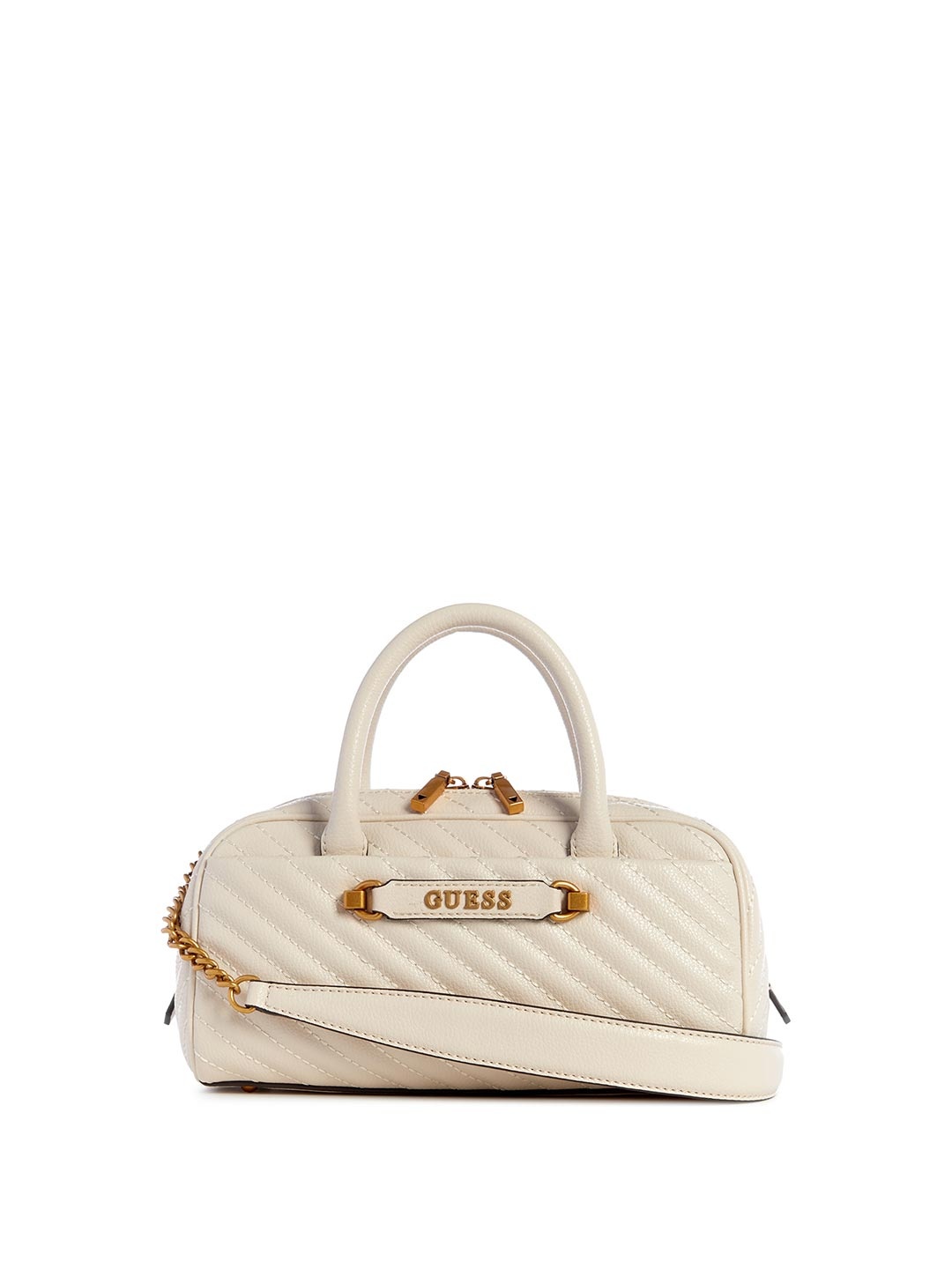 

GUESS Textured PU Bowling Satchel with Quilted, Beige