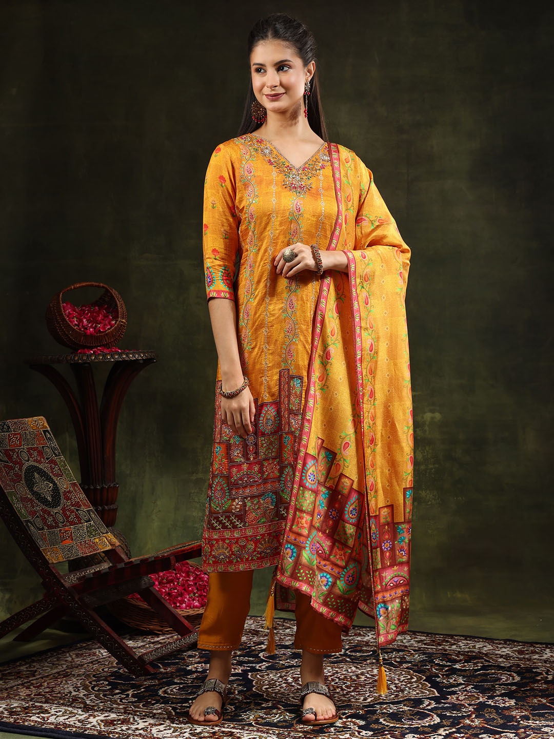 

KALINI Women Floral Embroidered Regular Pure Silk Kurta with Trousers & Dupatta, Mustard