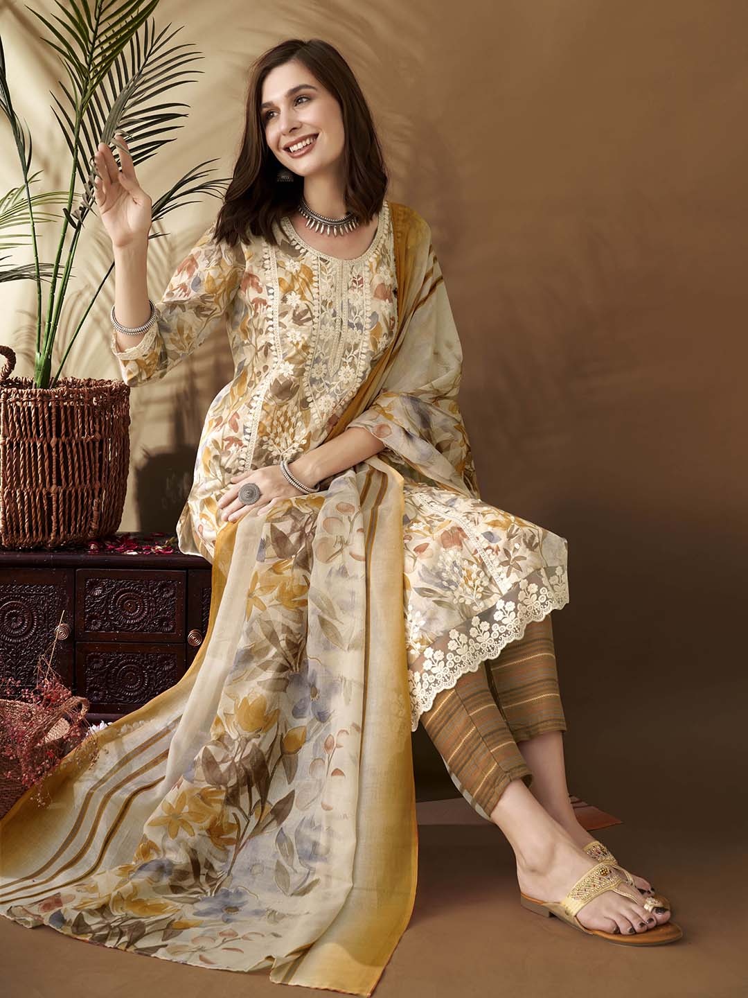 Anouk Women Floral Embroidered Regular Thread Work Kurta with Trousers & With Dupatta, Mustard