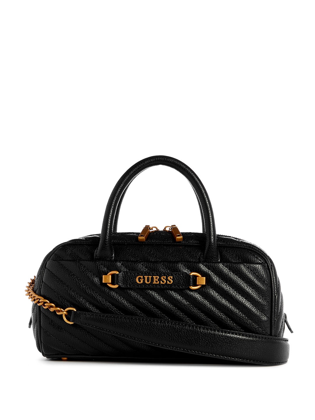 

GUESS Textured PU Bowling Satchel Bag with Quilted, Black