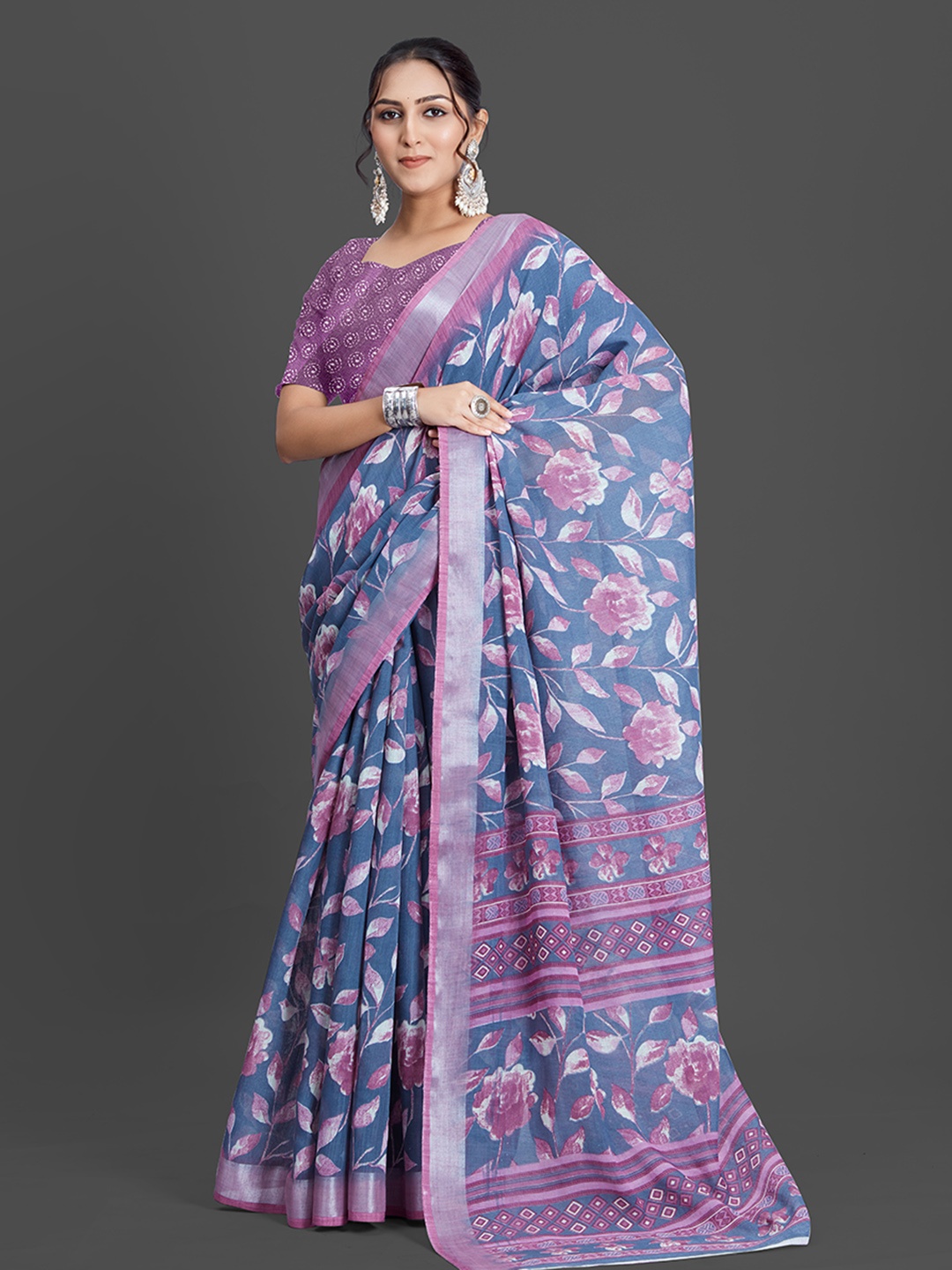 

NIRMAL CREATION Floral Printed Zari Saree, Blue