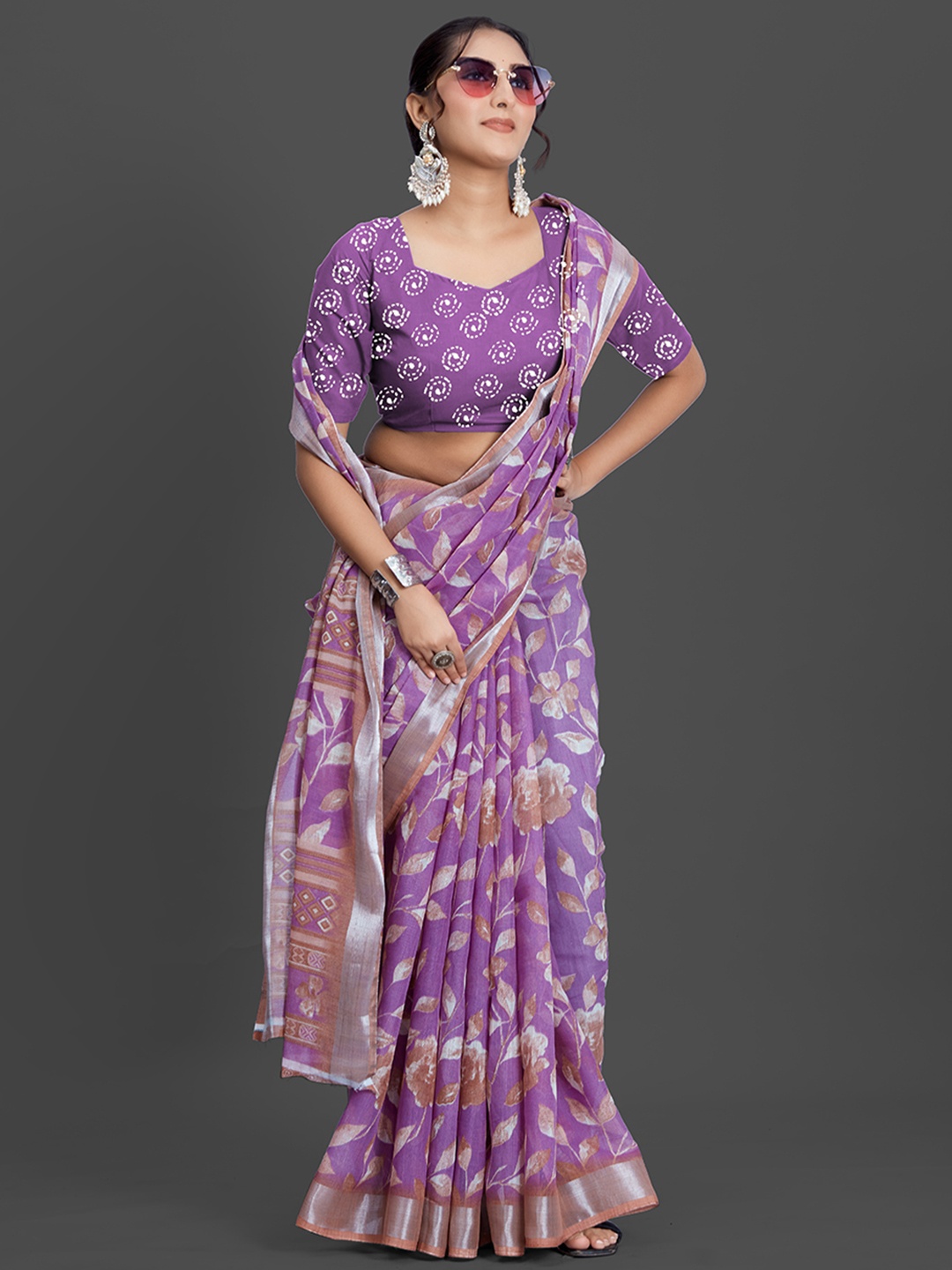 

NIRMAL CREATION Floral Printed Zari Saree, Purple