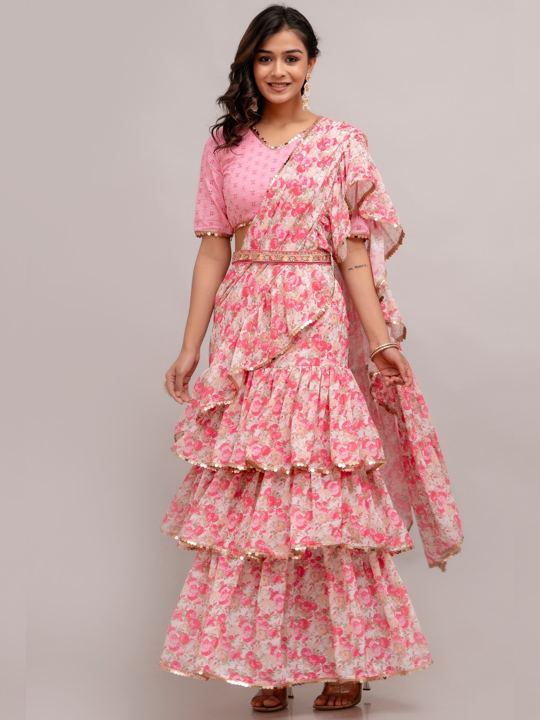 

Jaipurite Floral Schiffli Pure Georgette Ready to Wear Block Print Saree, Pink