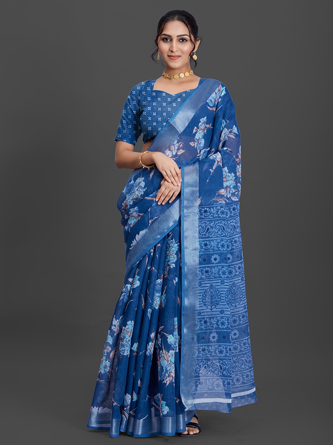 

NIRMAL CREATION Floral Zari Silk Cotton Saree, Blue