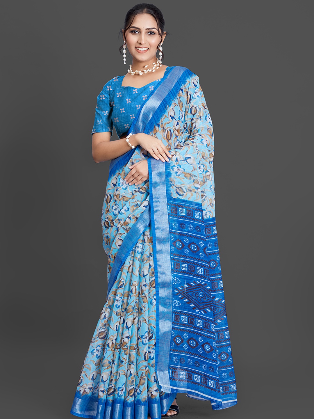 

NIRMAL CREATION Floral Printed Zari Saree, Navy blue