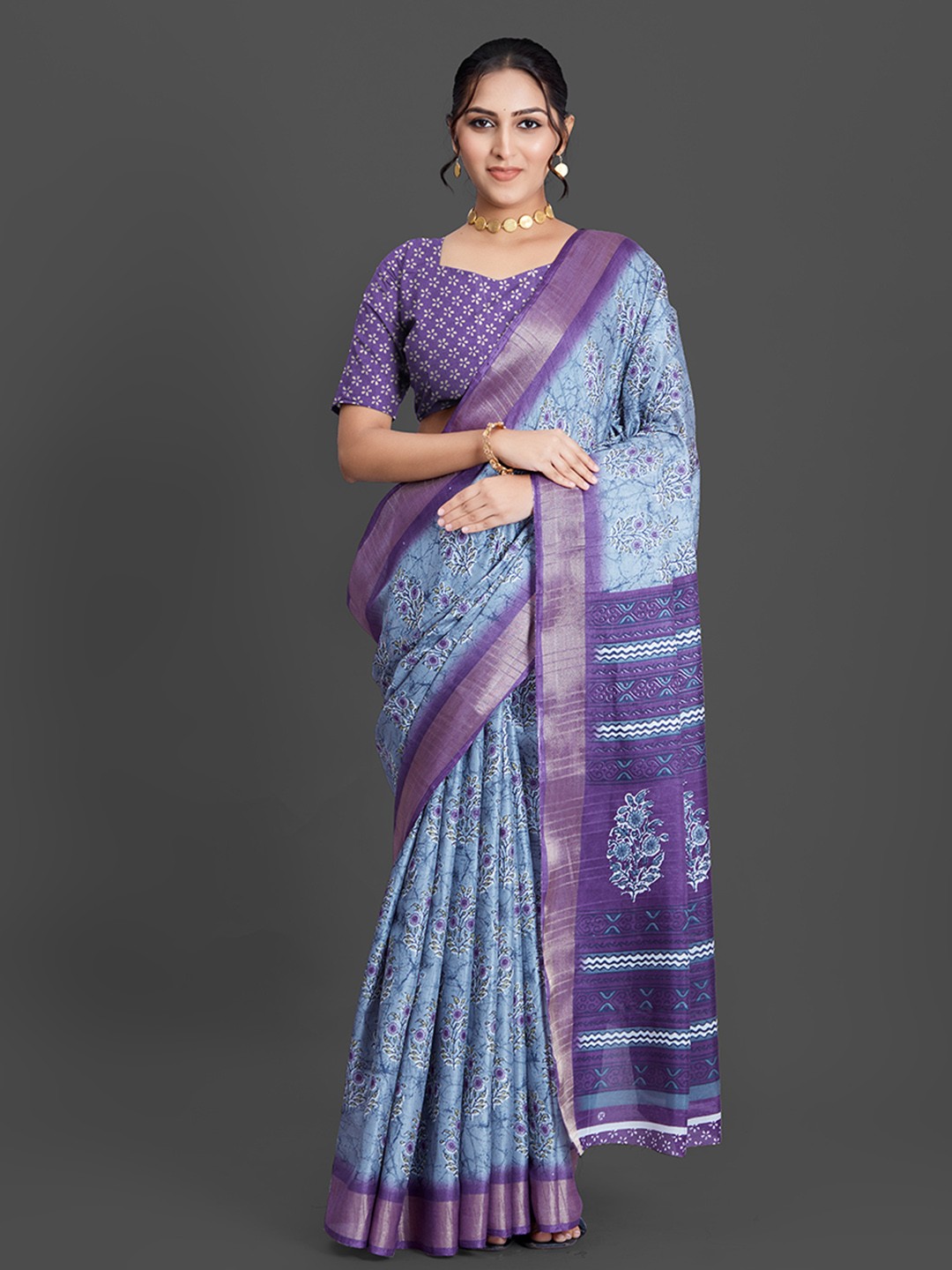 

NIRMAL CREATION Floral Printed Zari Saree, Blue