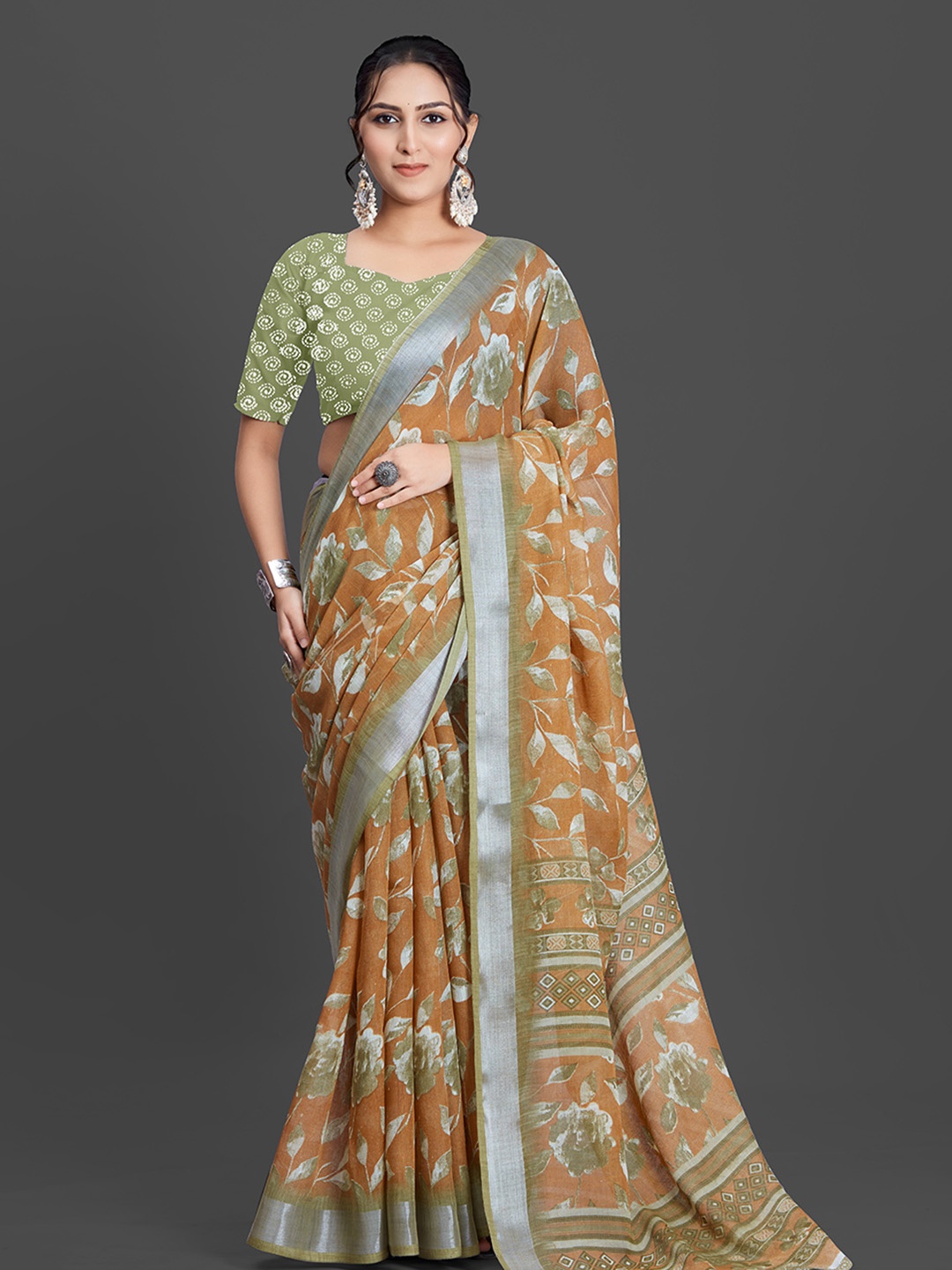 

NIRMAL CREATION Floral Printed Saree With Zari Border, Brown