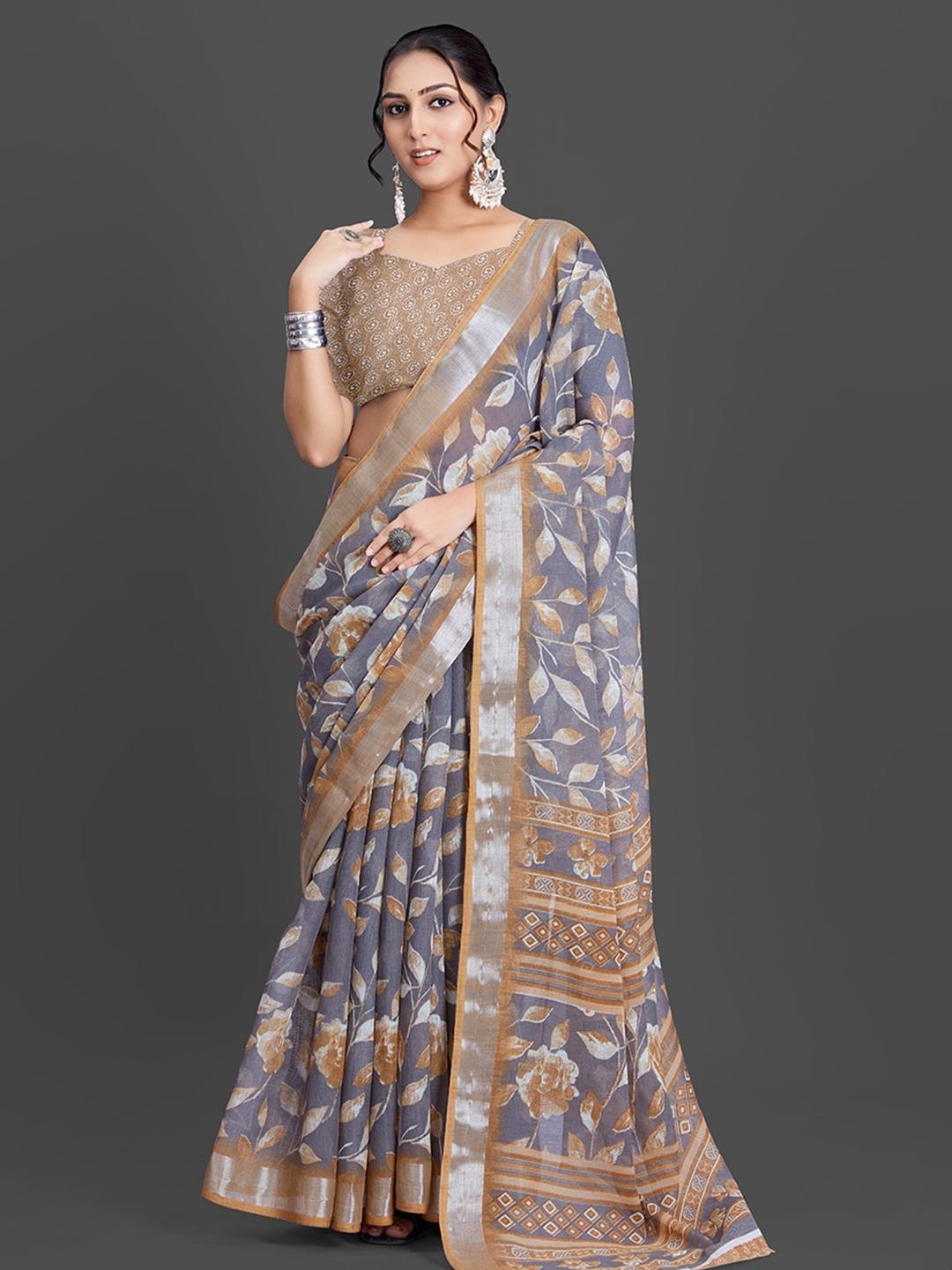 

NIRMAL CREATION Floral Printed Woven Design Zari Border Saree, Grey