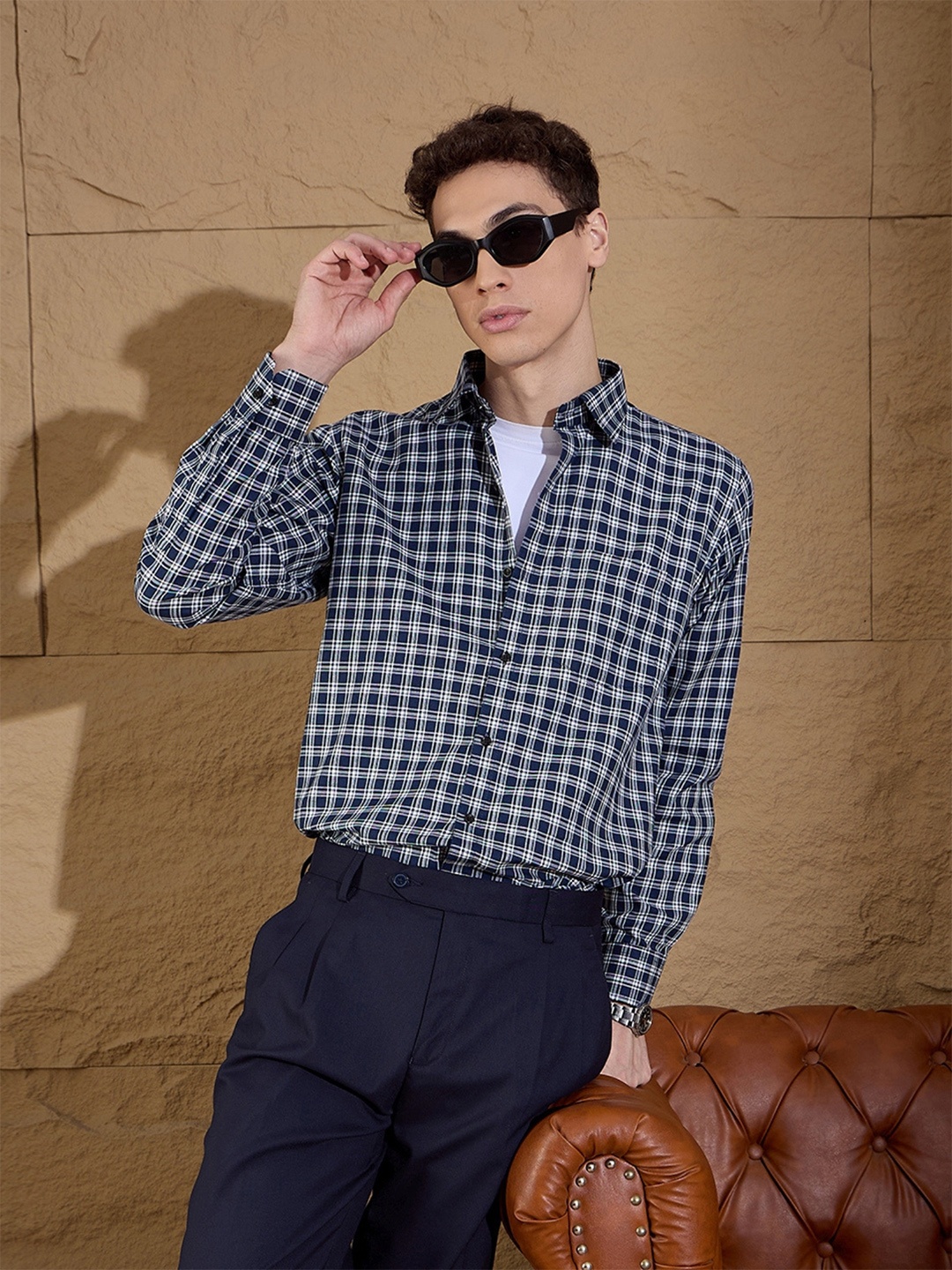 

DENNISON Men's Tartan Checks Cotton Casual Shirt, Blue