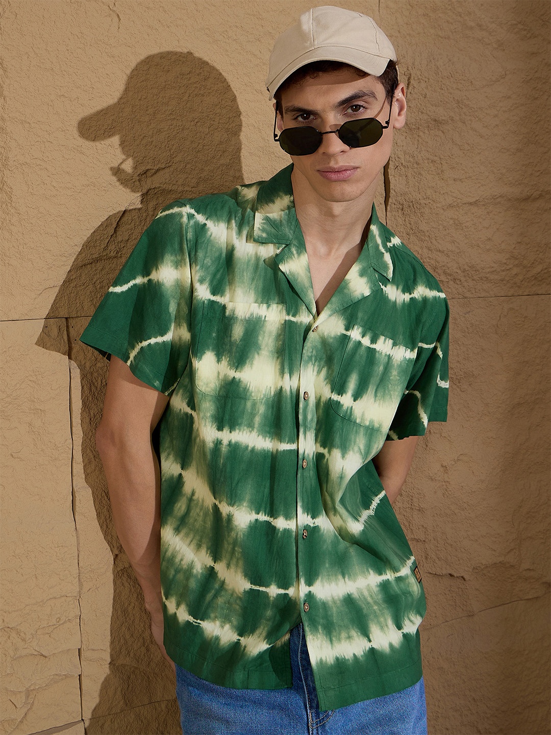 

DENNISON Pure Cotton Tie & Dye Oversized Casual Shirt, Green