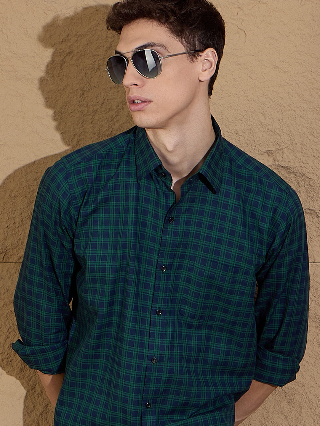 

DENNISON Men's Tartan Checks Cotton Casual Shirt, Green