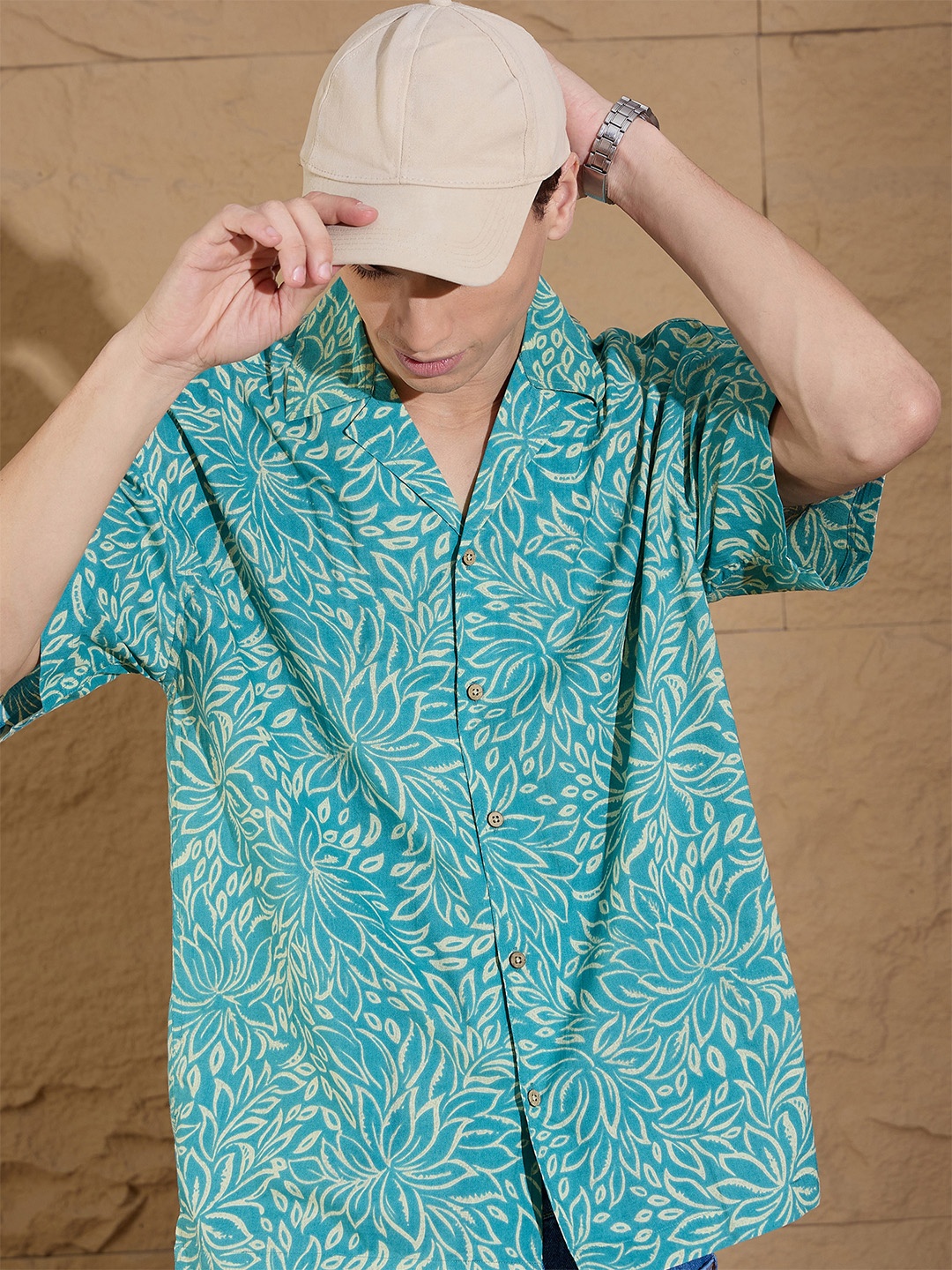 

DENNISON Men Floral Printed Oversized Cotton Casual Shirt, Teal