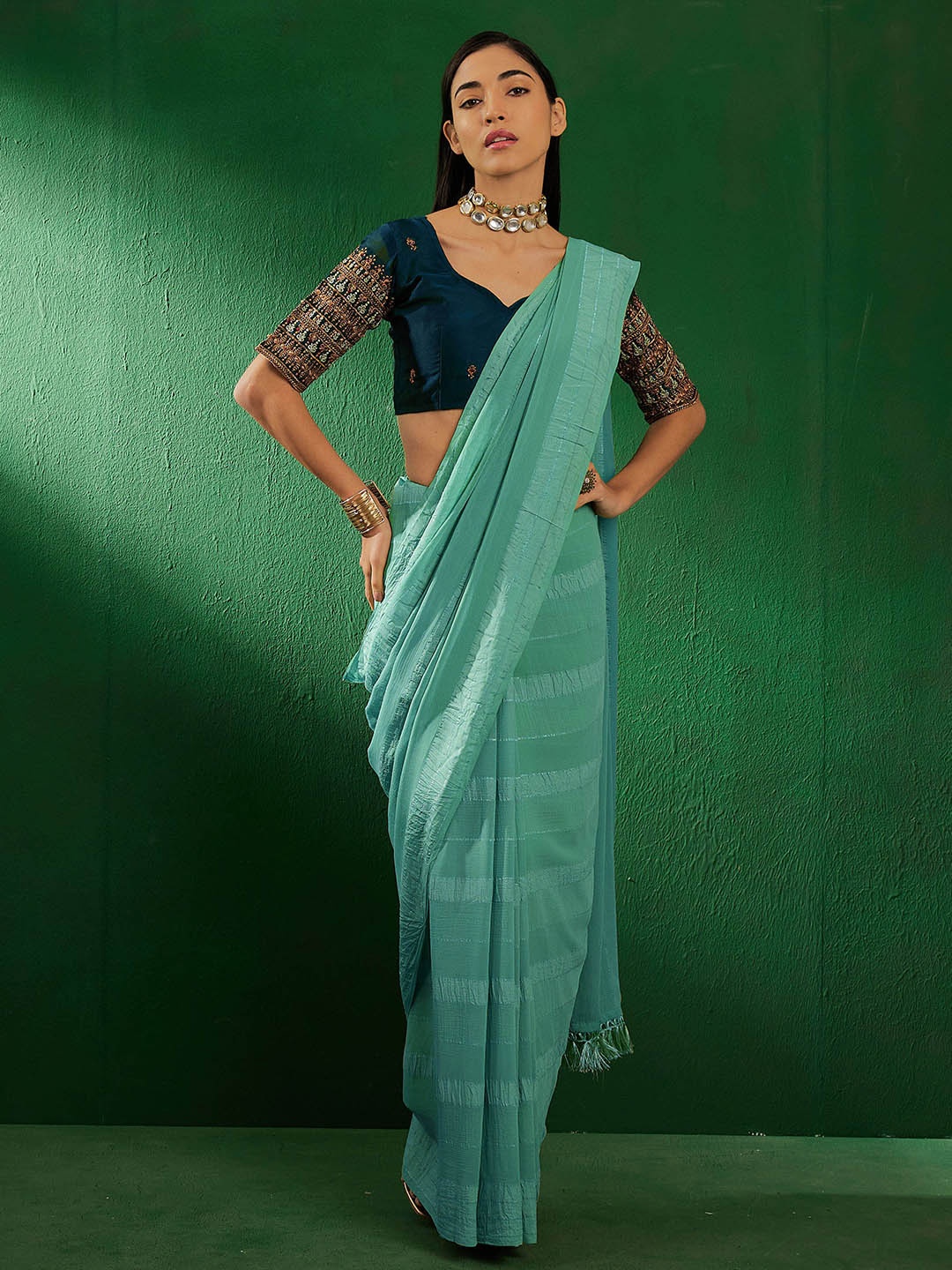 

Maroosh Striped Banarasi Saree, Teal