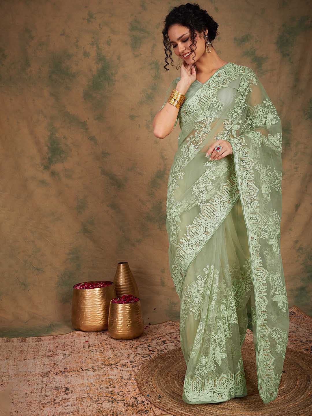 

Maroosh Embellished Beads and Stones Embroidered Net Saree, Lime green