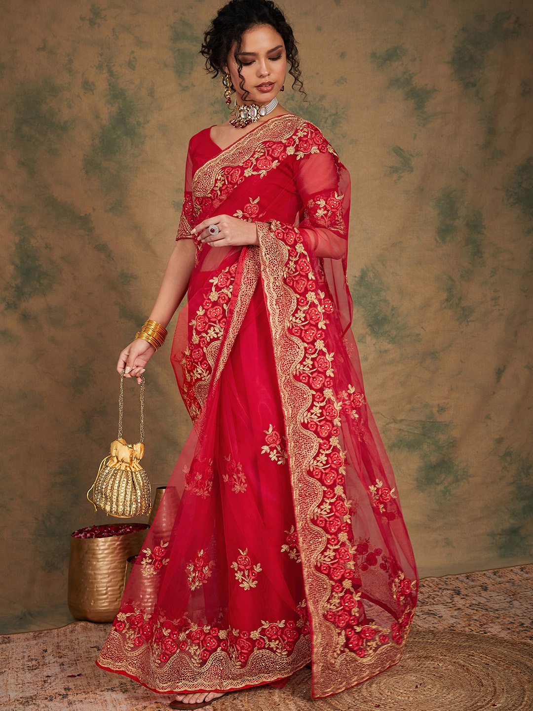 

Maroosh Floral Beads and Stones Net Saree, Red