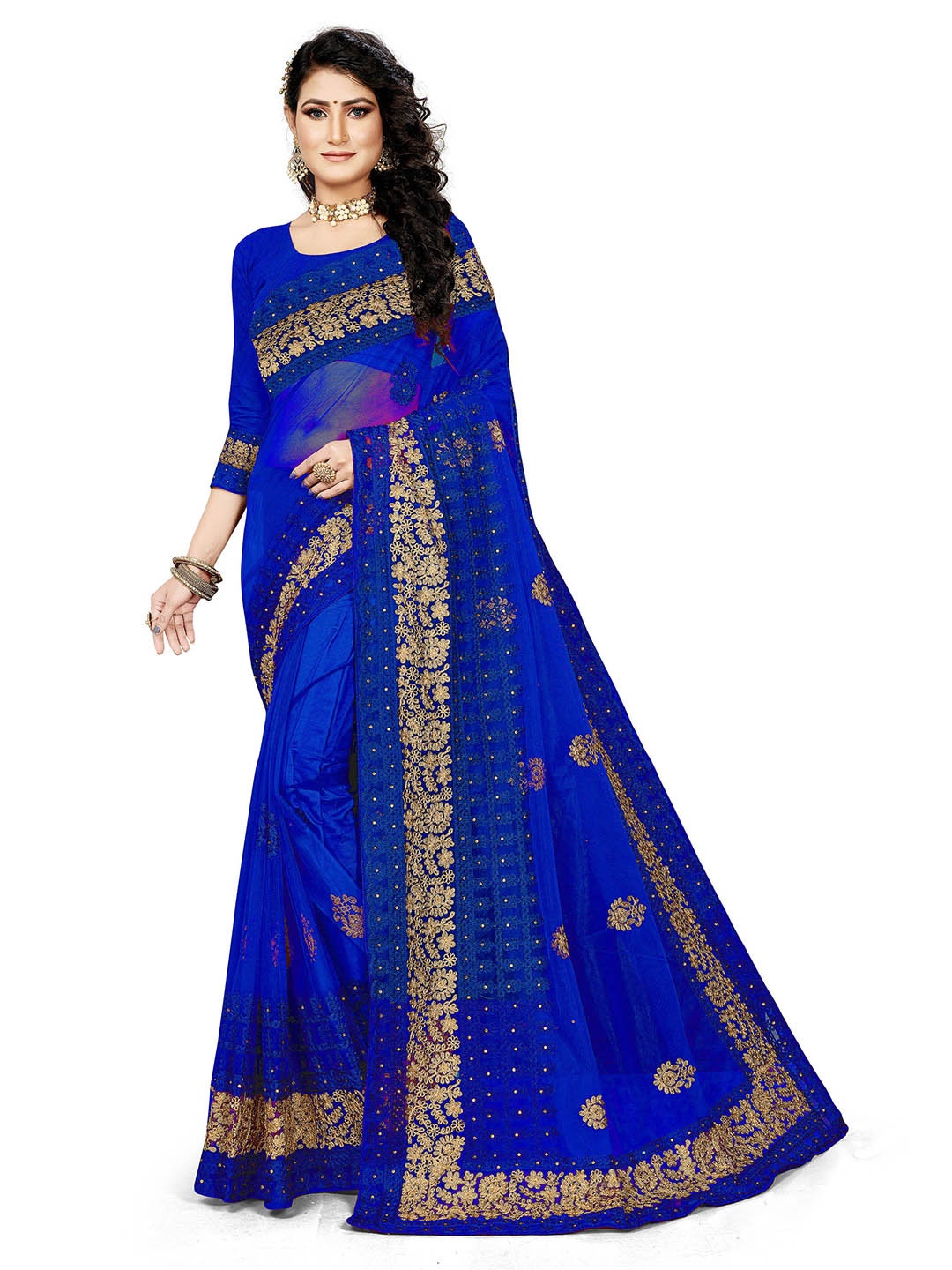 

Maroosh Embroidered Floral Beads and Stones Net Saree, Blue