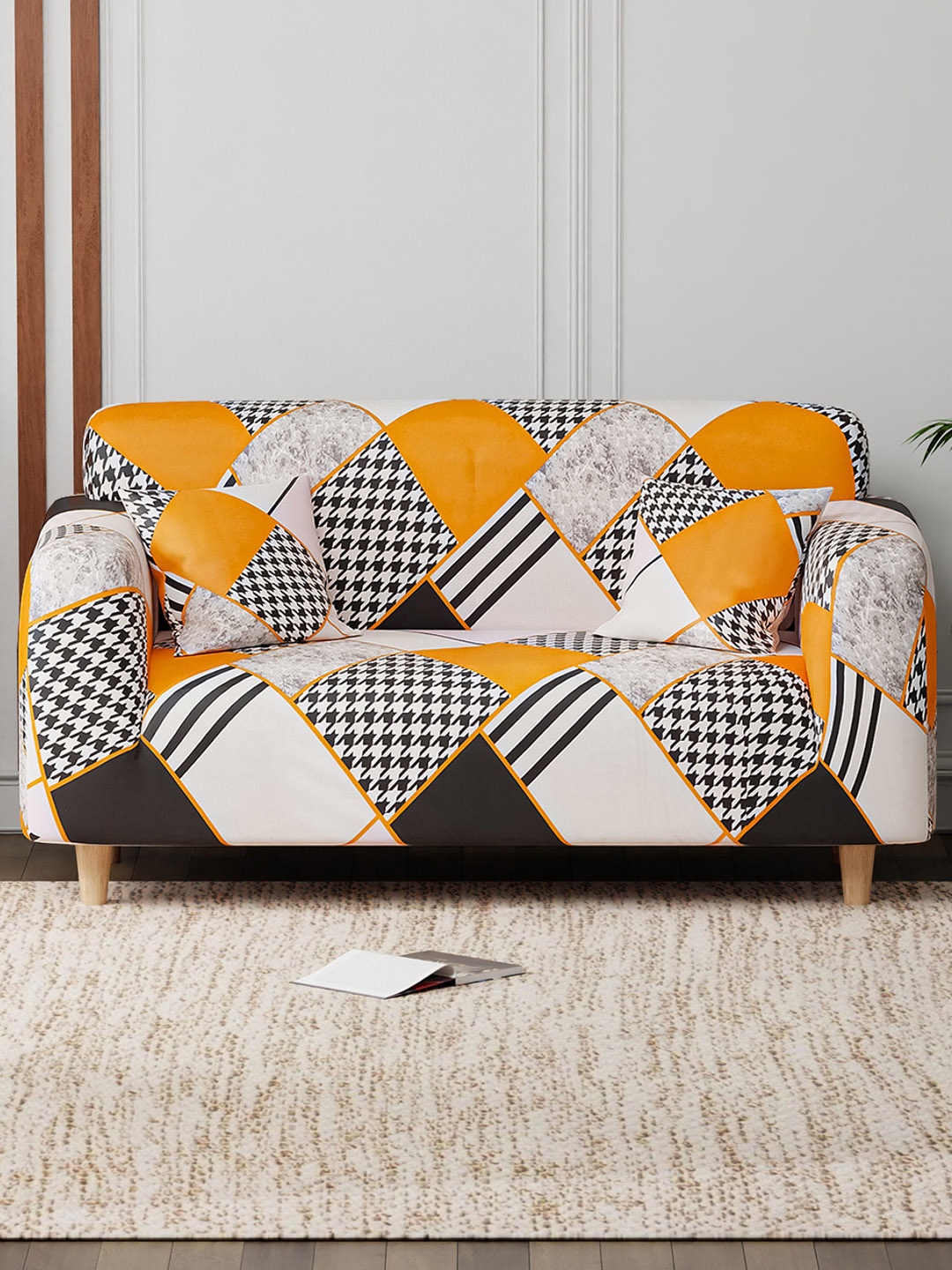 

Aura White & Yellow Printed Elasticated Sofa Cover With Arms