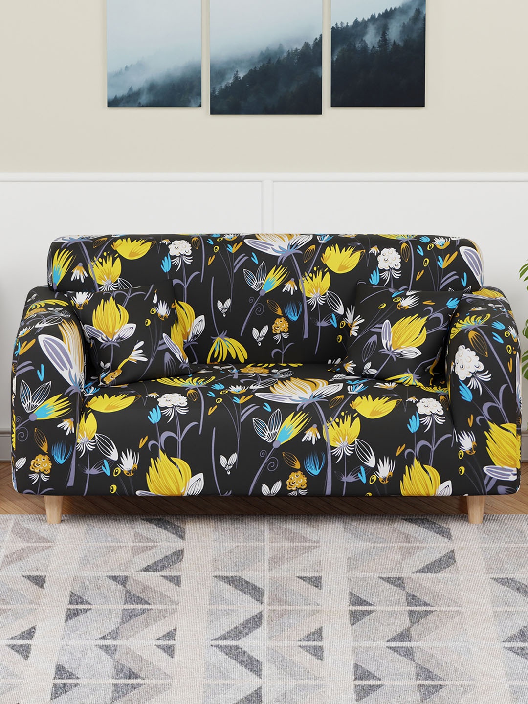 

Aura Black & Yellow Printed Elasticated Sofa Cover